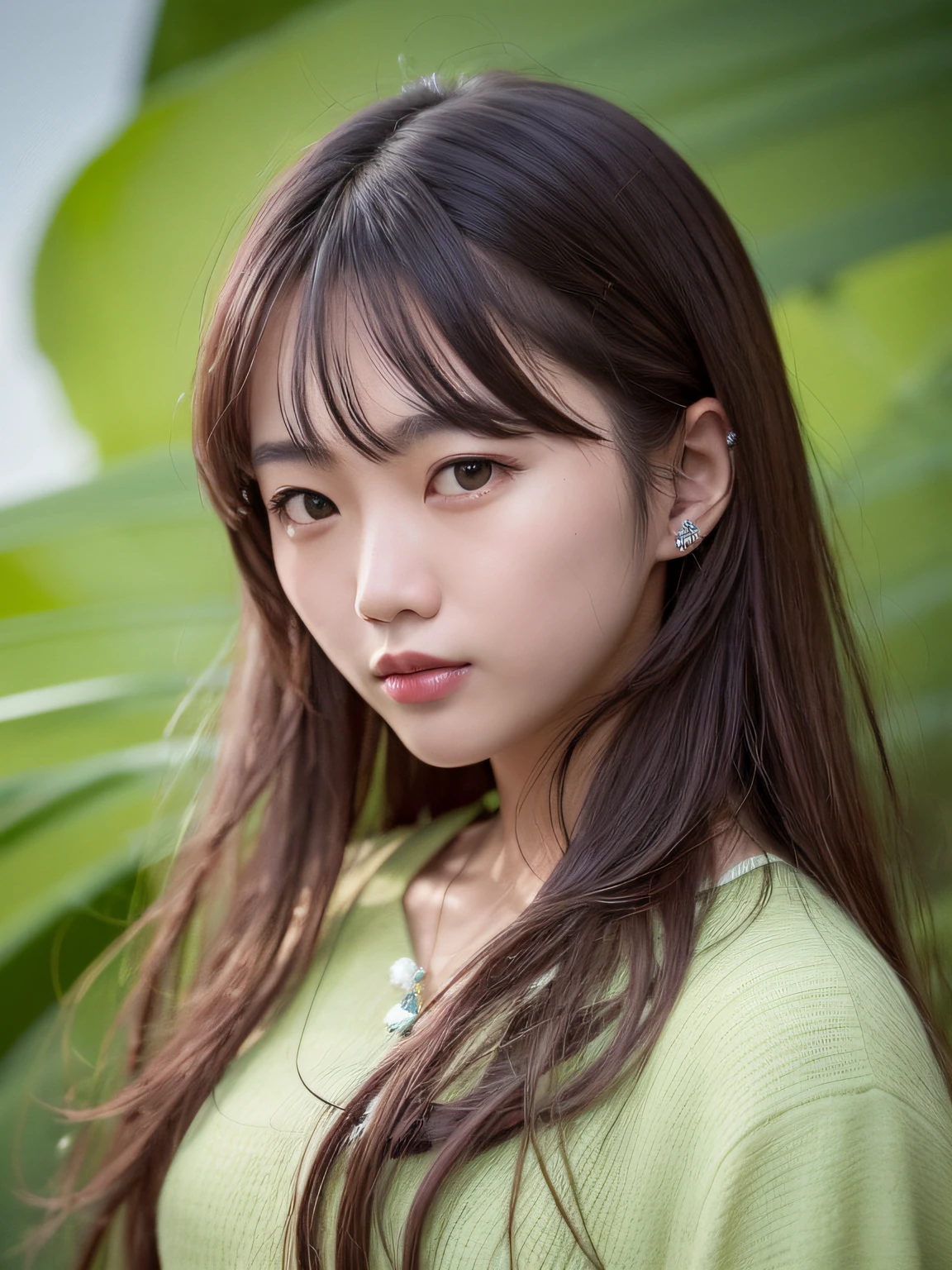 ultraclear,8K,Close-up view of the face,ssmile,wavy and long hair,dark-skin,Korean young woman,Melon seed face