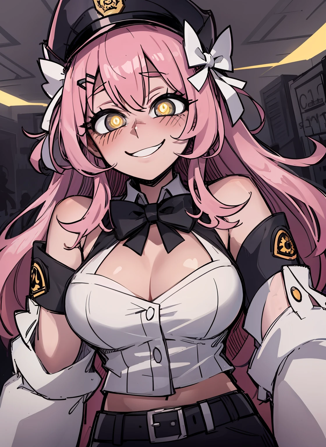 pink hair, yellow pupils, love in eyes, bow hairpins, blushing, cute, smug, smile, rolling eyes, white bow tie, black police outfit, police hat, long sleeves, miniskirt, big breasts