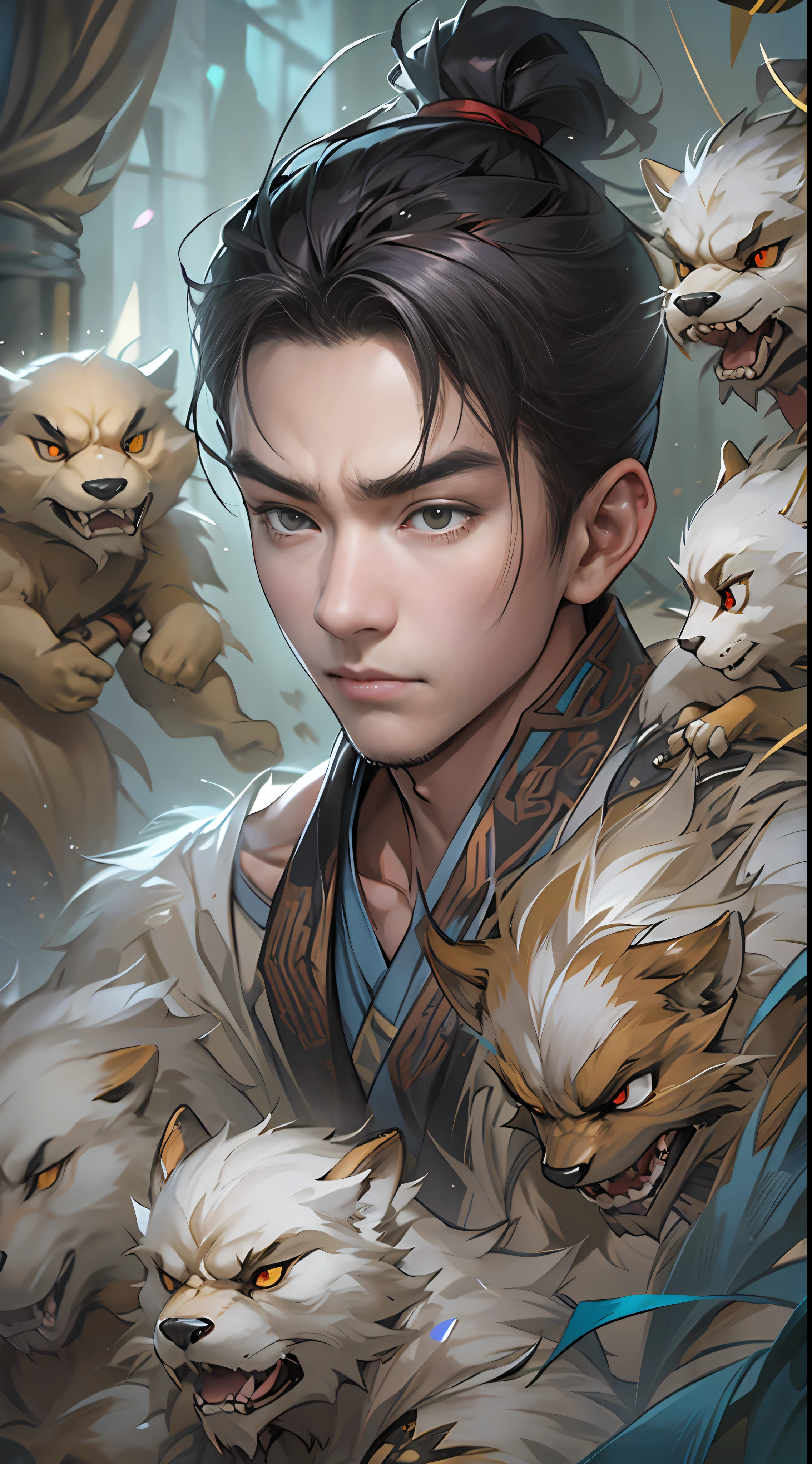Li Gu quickly retreats and protects Li Xiao Xiao and Li Xin, who are next to the puppet, with all his strength. They all have worried and anxious expressions, surrounded by a dangerous aura, , 32k, best quality, masterpiece, super detail, high details,