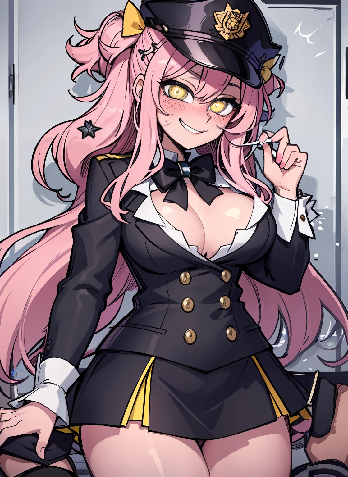 pink hair, yellow pupils, love in eyes, bow hairpins, blushing, cute, smug, smile, rolling eyes, white bow tie, black police outfit, police hat, long sleeves, miniskirt, big breasts