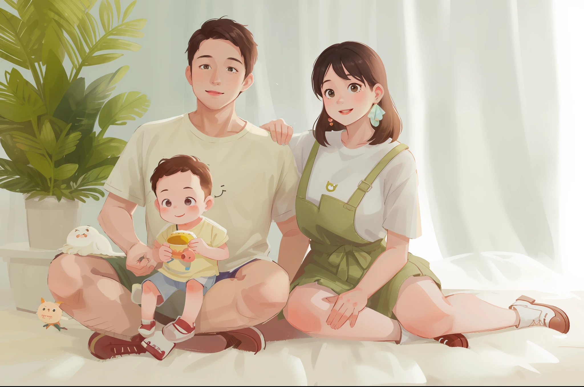 (tmasterpiece), (Need), (super-fine), (A half body:1.2), ultra cute, baby, by Pixar,family photos , It's a big eye-catcher, fluffly, ssmile, Delicate and delicate, Fairytales, Incredibly high detail, pixar-style, bright color palette, Natural soft light, Simple background in solid color, Octane rendering, Trends on ArtStation, opulent, ultra-wide-angle, 8K, k hd, realisticlying,younge boy,Parent-child outfit