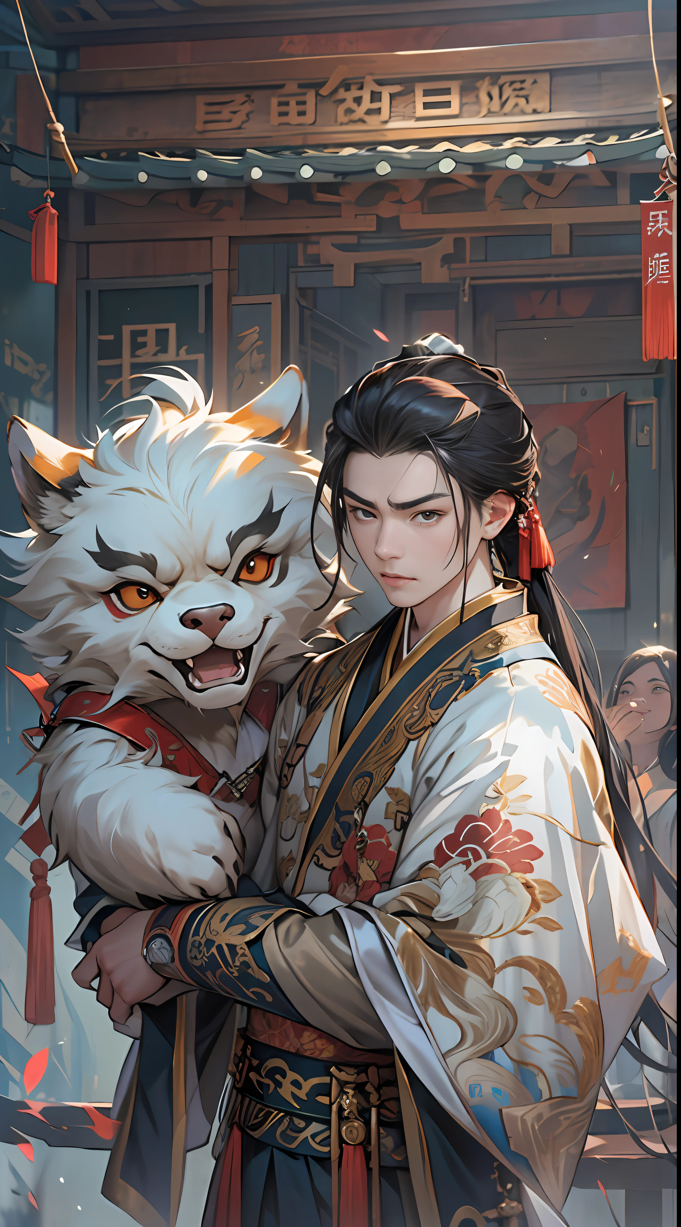 Li Gu quickly retreats and protects Li Xiao Xiao and Li Xin, who are next to the puppet, with all his strength. They all have worried and anxious expressions, surrounded by a dangerous aura, , 32k, best quality, masterpiece, super detail, high details,