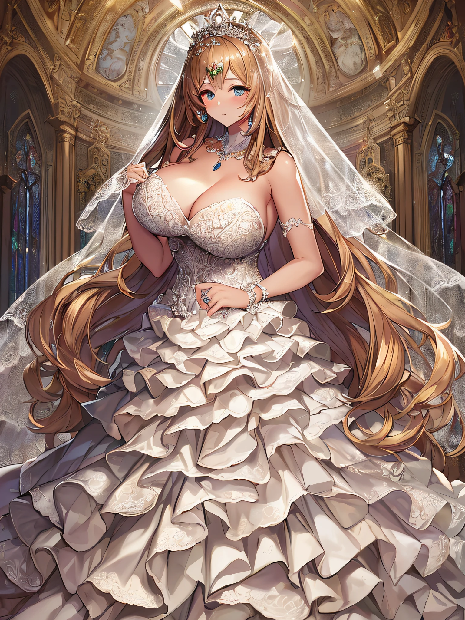 ((anime artstyle)),(Masterpiece),(Best Quality), (Super Detail),((Very Delicate and Beautiful)),Focus on character,Dynamic Angle,Looking at viewer,((Solo)),standing,((full body)),((one princess in gorgeous ball gown wedding dress with voluminous skirt)),((June bride)),detailed face and eyes,jewel-like eyes,((Very Long voluminous Hair)),gorgeous embroidery and lace,((gorgeous corsage)),See-through,(Gorgeous jewelry ornaments),luxury hair ornament,luxury tiara with jewels,ornate ruffles,((gigantic breasts,Long breasts)),indoor,church wedding,((full body)),hoop skirt,crinoline,very long wedding veil,(((fusion of jeweled wedding dress and gorgeous embroidery rococo ballgown))),