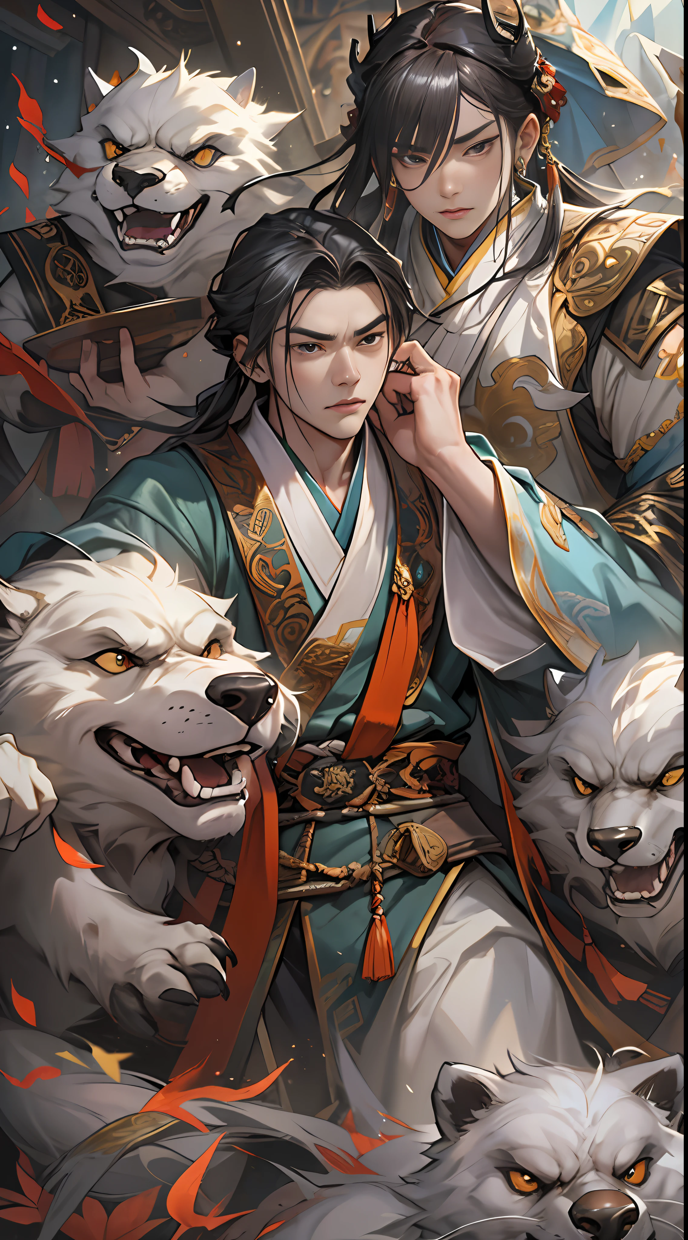 Li Gu quickly retreats and protects Li Xiao Xiao and Li Xin, who are next to the puppet, with all his strength. They all have worried and anxious expressions, surrounded by a dangerous aura, , 32k, best quality, masterpiece, super detail, high details,