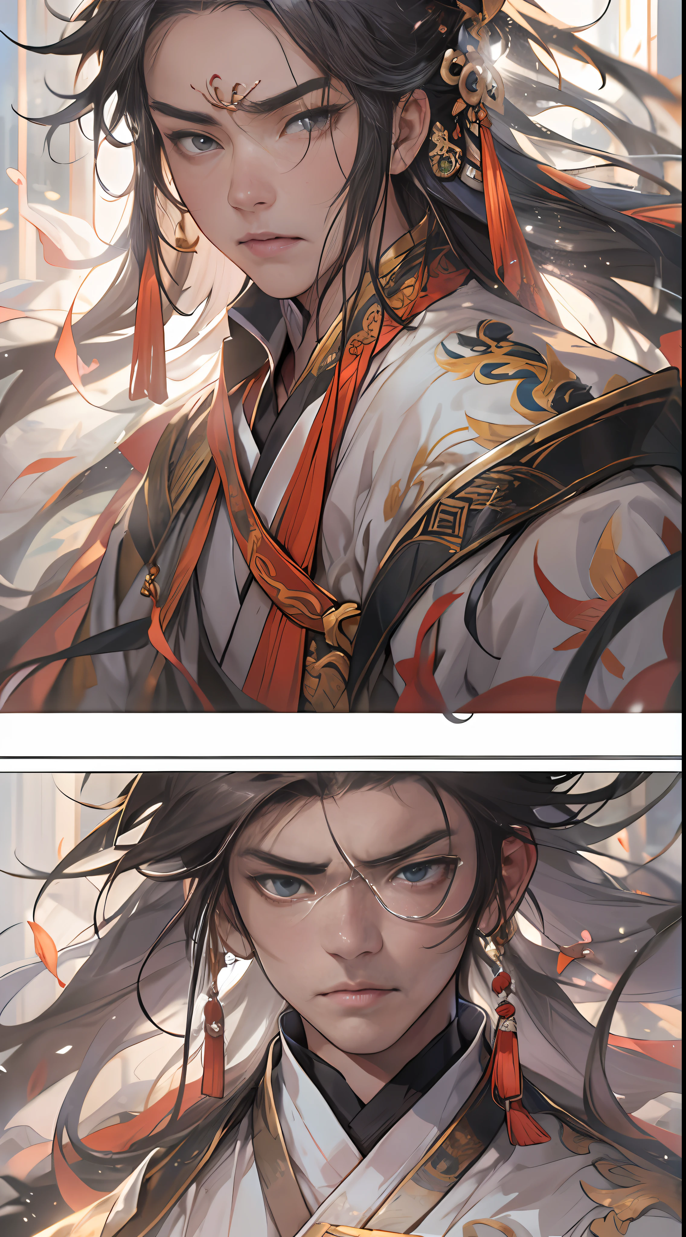 Li Gu quickly retreats and protects Li Xiao Xiao and Li Xin, who are next to the puppet, with all his strength. They all have worried and anxious expressions, surrounded by a dangerous aura, , 32k, best quality, masterpiece, super detail, high details,