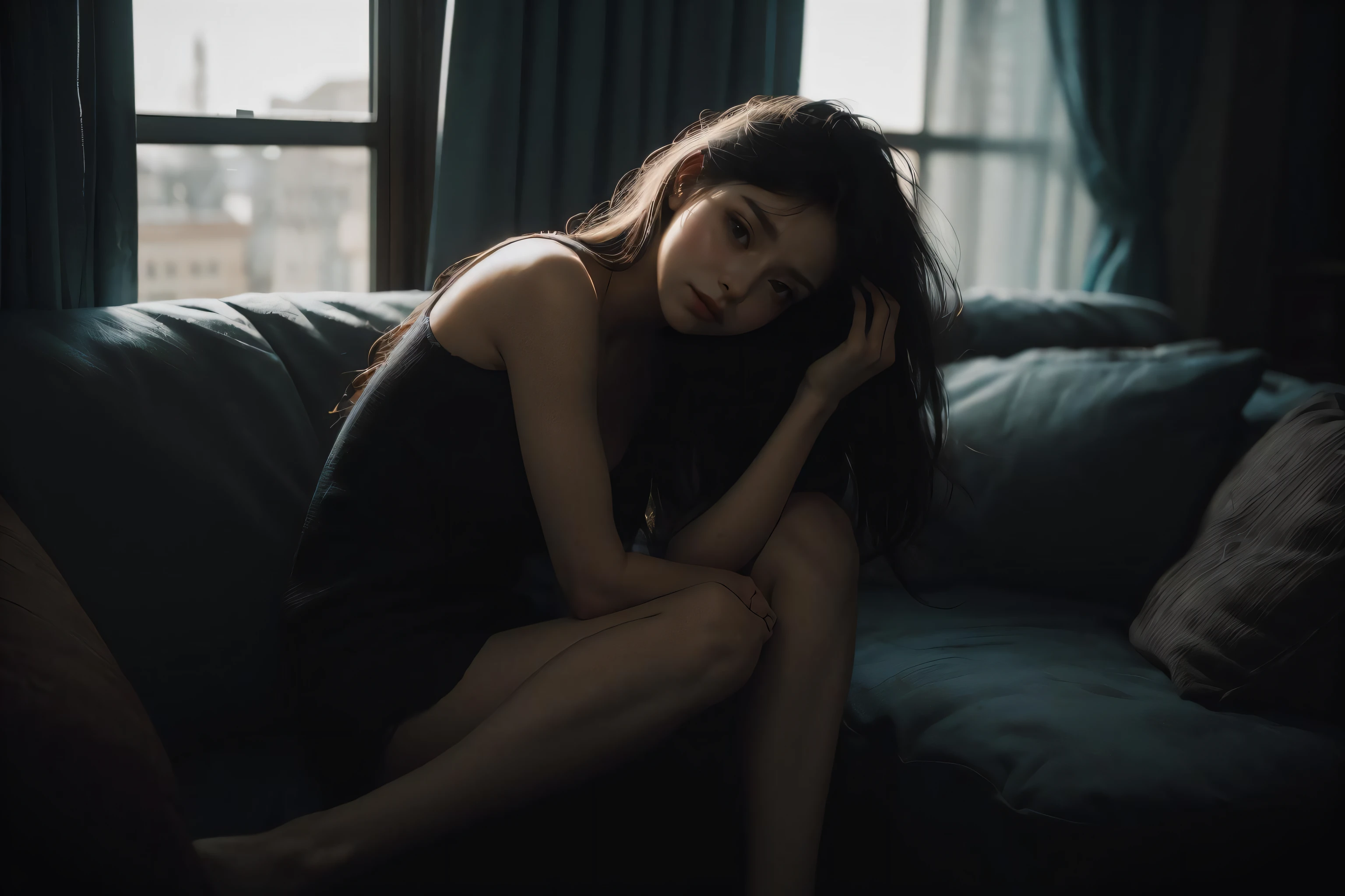 ((You may be one person to the world but you may also be the world to one person, paradox, Adrian Ghenie, jenny saville, edward hopper, dark art by James Jean, Takato Yamamoto)),(RAW photo, best quality), ((Nostalgia,1980s syle)),(A girl with a literary atmosphere:1.2),(Contemplation:1),(realistic, photo-realistic:1.3), extremely delicate and beautiful, Amazing, finely detail, masterpiece, ultra-detailed, highres,best illustration, best shadow,intricate,depth of field,1girl,(long legs:1.4),long hair,messy hair,((((low key,dark scene,dimly lit)))),fat,(((soft lighting:1.4))),(pale skin:1.4),(shy smile),(cinematic angle),sharp focus, volumetric fog, 8k UHD, DSLR, high quality,( film grain:1.4), Fujifilm XT3,  FilmG