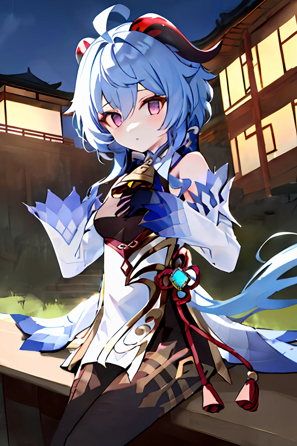 ganyu\(genshin impact\), 1girl, ahoge, architecture, bangs, bare shoulders, bell, black gloves, black tights, ((blue hair), blush, breasts, chinese knot, sleeve, East Asian architecture, flower knot, glove, horn, long hair, looking at the audience, medium chest, neckbell, night, outdoor, pantyhose, purple eyes, sideburns, solo, tassels, white sleeves, ((masterpiece))