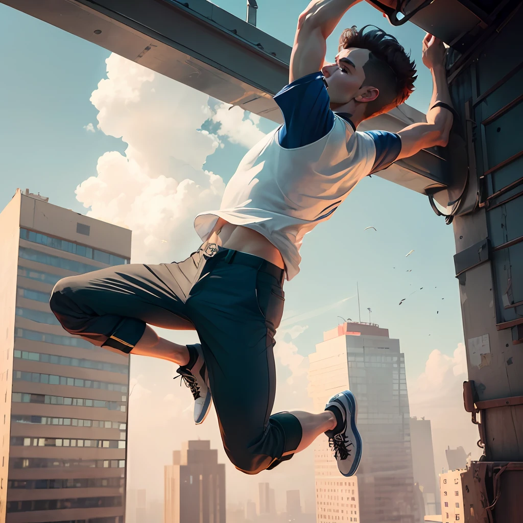 ((male people), (short- sleeved, shorter pants), HD 4K, Fall from a height, (The action is strong, Jumpy, anxiety))