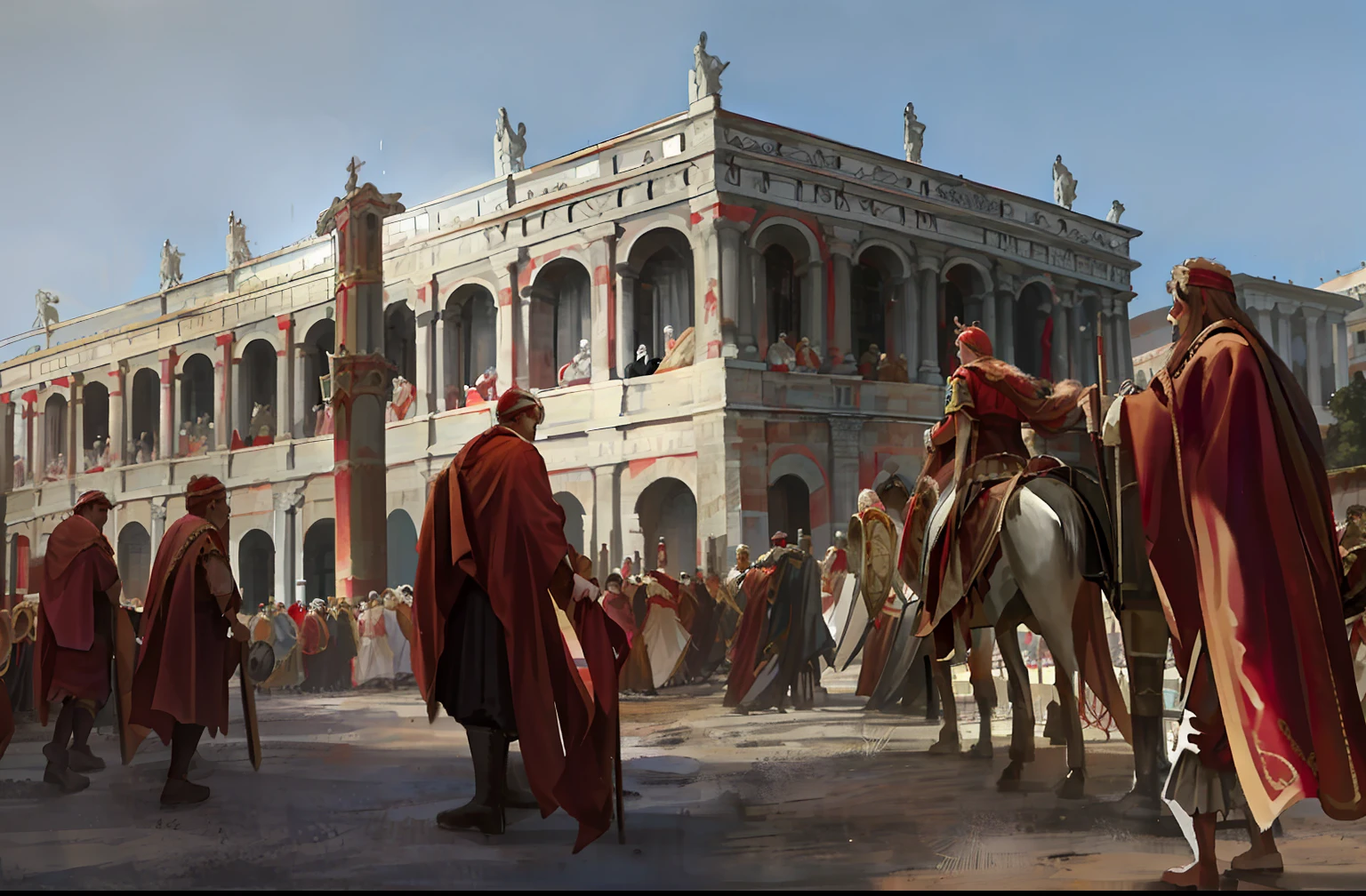 Several men in red robes rode horses in front of a building, Ancient Roman market, roman city, roman festival backdrop, Ancient Roman style, palatial scene, Caesar wins, The fall of Rome, Ancient Roman style, caesar, action scene from the film, opening scene, Rome style, Ancient Roman environment, in screenshot from the 300 movie --auto