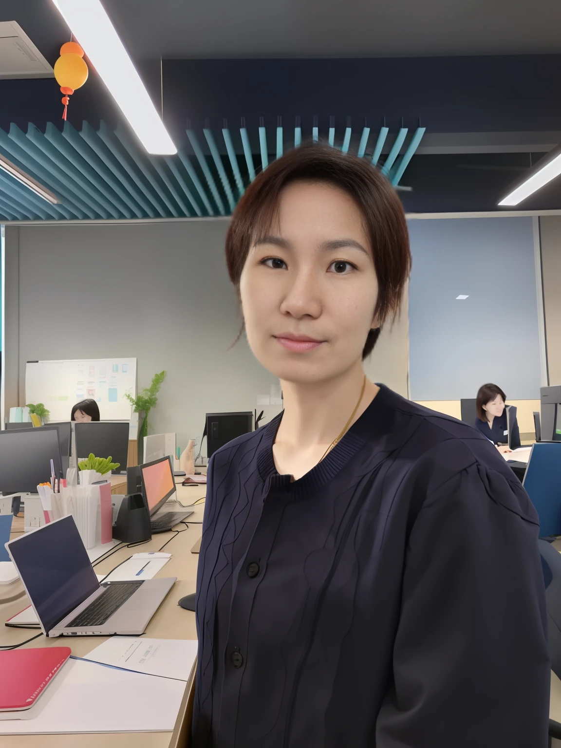There is a woman standing in an office with a laptop, wenfei ye, sangsoo jeong, xue han, jiyun chae, Qiu Fang, xintong chen, Lin Qifeng, Zhang Pengzhen, xiaofan zhang, zeng fanzh, Wang Qichao, wei wang, xiaolong wang, Kwak Ji-young