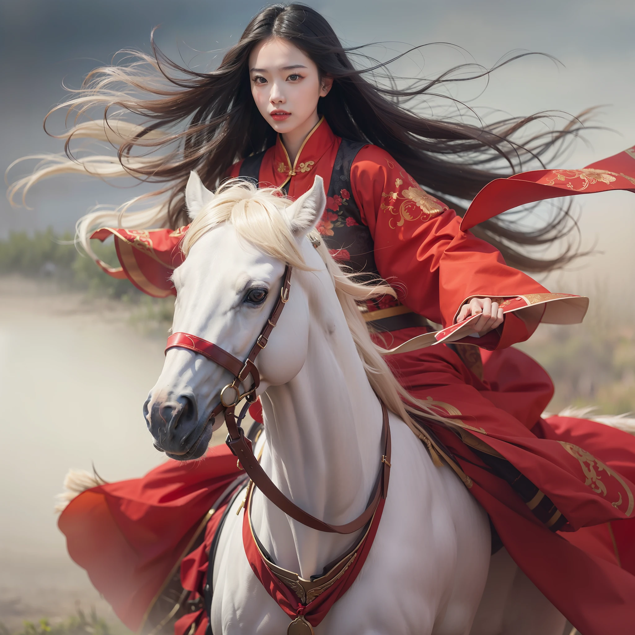 Chinese woman riding a white horse，Wearing red Han clothes，long hair floating in the wind,Modern realistic style,photography of,photore,Realiy