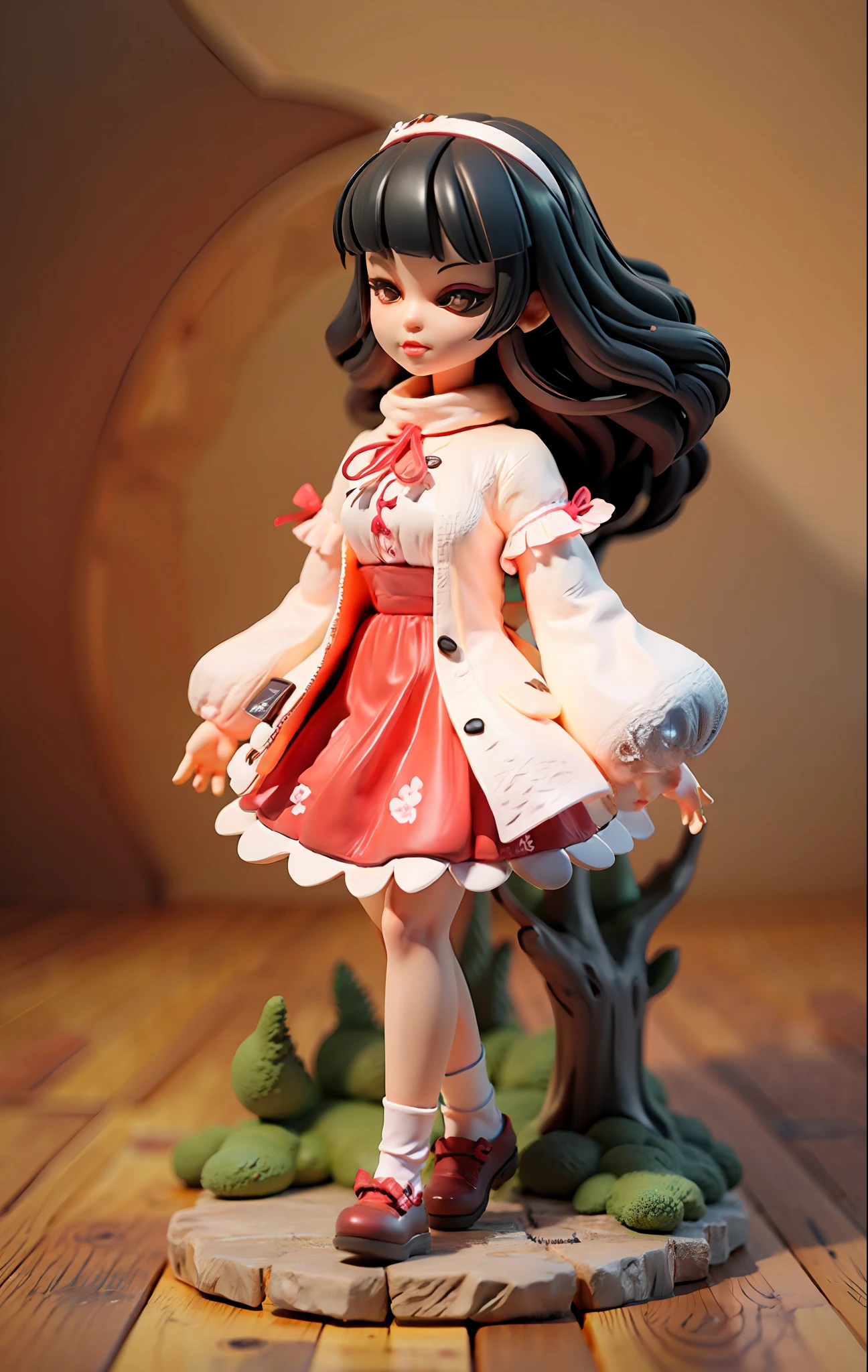 Super cute girl full body 3D,, Pop Mart blind box, adolable, Blind box doll black hair, Surrealism, panorama, 8k, super detail, UHD, textured skin, super detail, high quality, best quality, highres, high details, 8k，Wide-sleeved flowery skirt