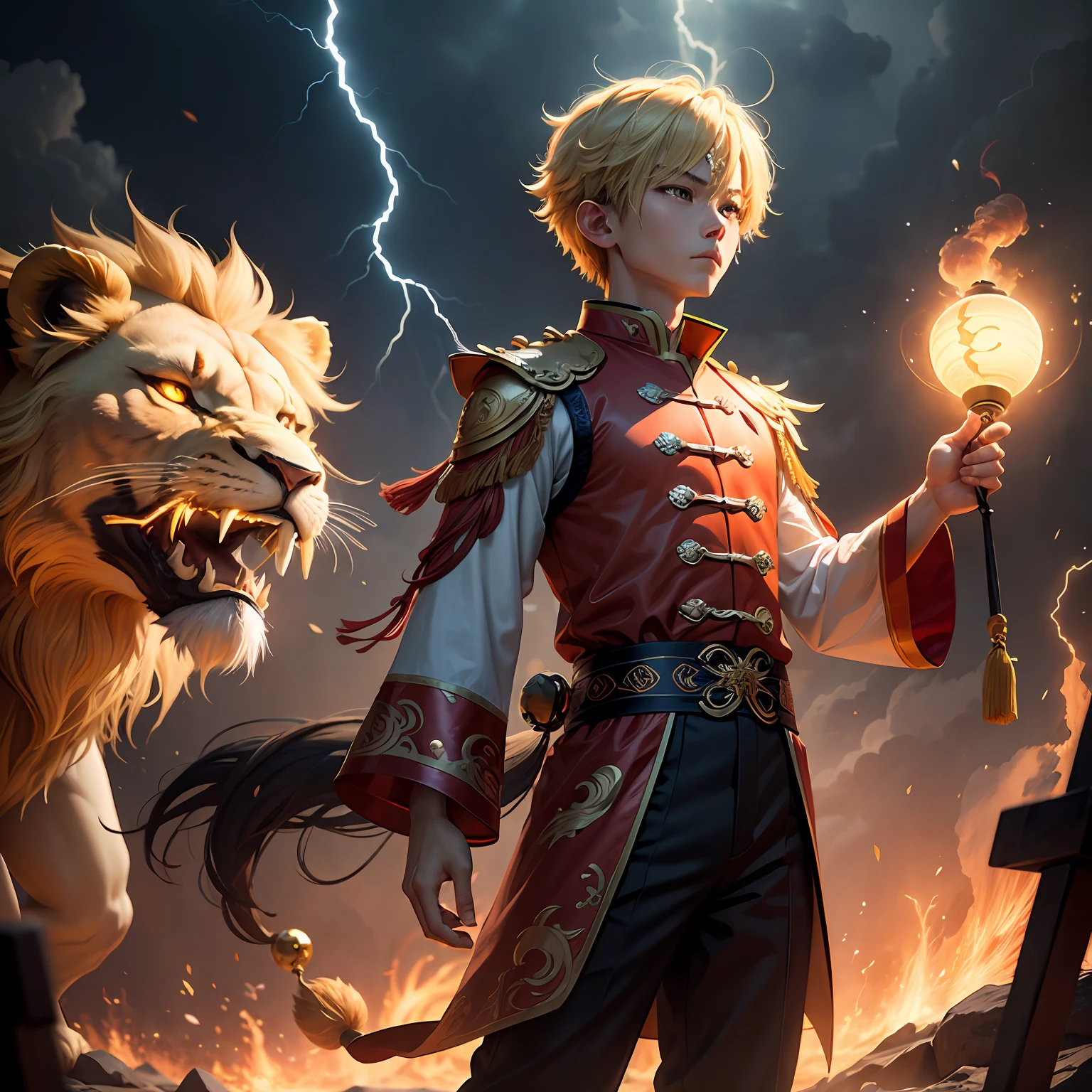 Top light, lion dance element, CG, ultra high resolution, 4K, haunted by lightning, yellow lightning, standing boy, male, --auto