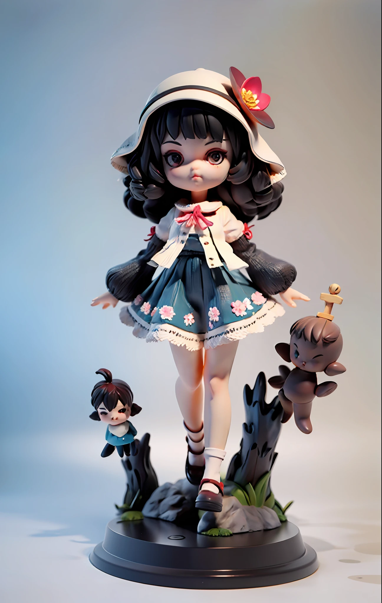 Super cute girl full body 3D,, Pop Mart blind box, adolable, Blind box doll black hair, Surrealism, panorama, 8k, super detail, UHD, textured skin, super detail, high quality, best quality, highres, high details, 8k,Wide-sleeved flowery skirt