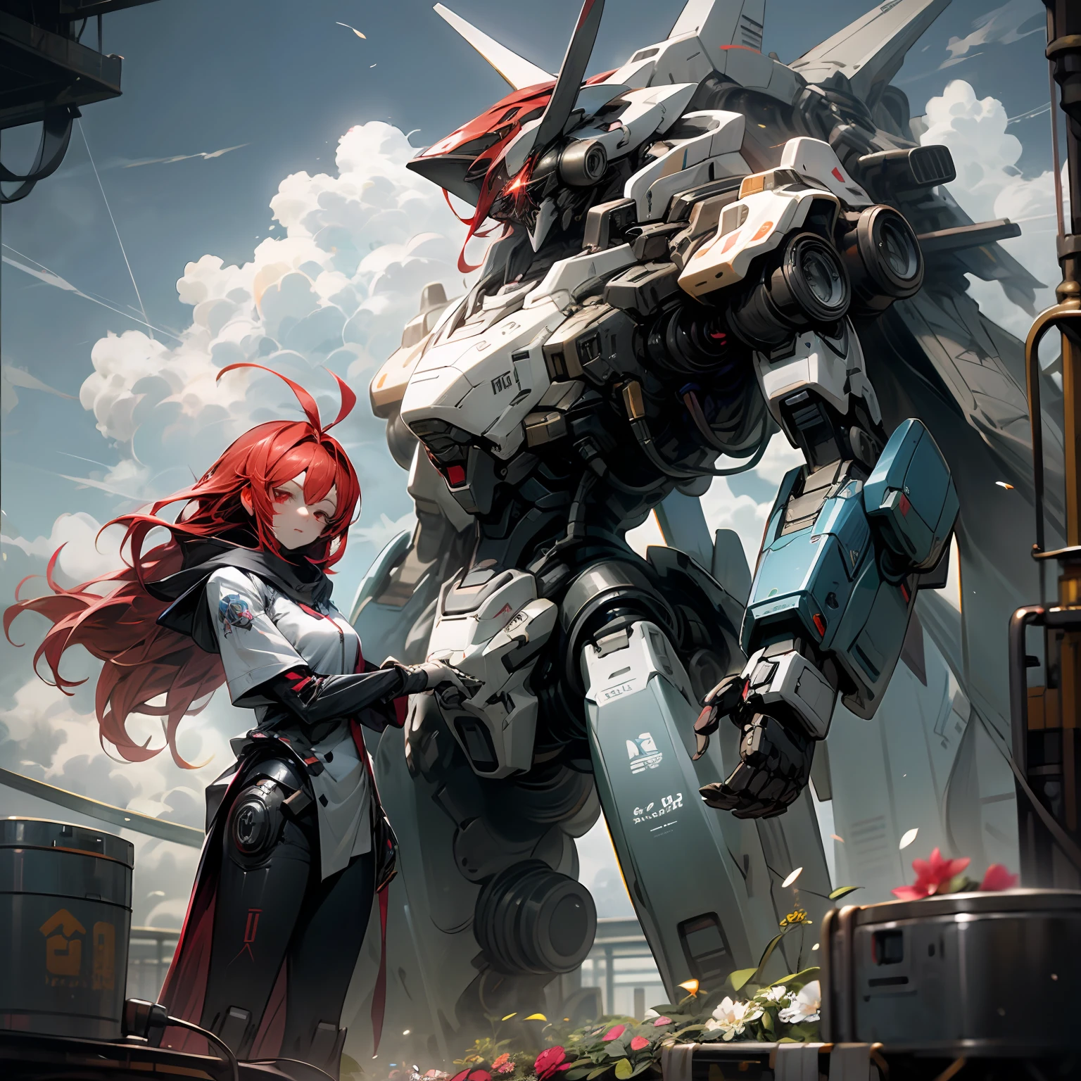 Skysky,clouds,(Best image quality,The best picture): Behind the girl is a dark blue mech with a sense of technology (holding_weapon,no_humans,with light glowing,,droid(Elongated stature,The head has an elongated antenna),The robot colors are mainly blue and black,buliding,glowing_eyes,mecha,scientific fiction,城市,Realistis,mecha ),shoun(red hair:1.2),(red eyes:1.1) Stand in the world of flowers,The sun shines on the earth。 --auto