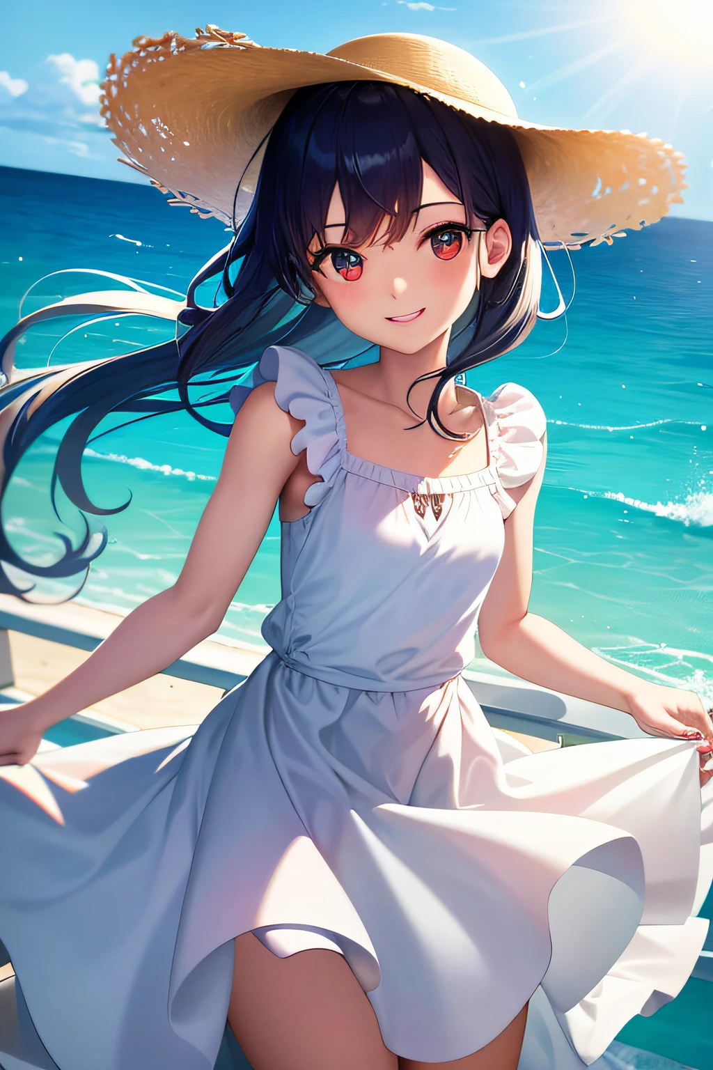 absurdres, 1girl, ocean, railing, white dress, sun hat, smile, (realistic:0.75), (waving:0.9),