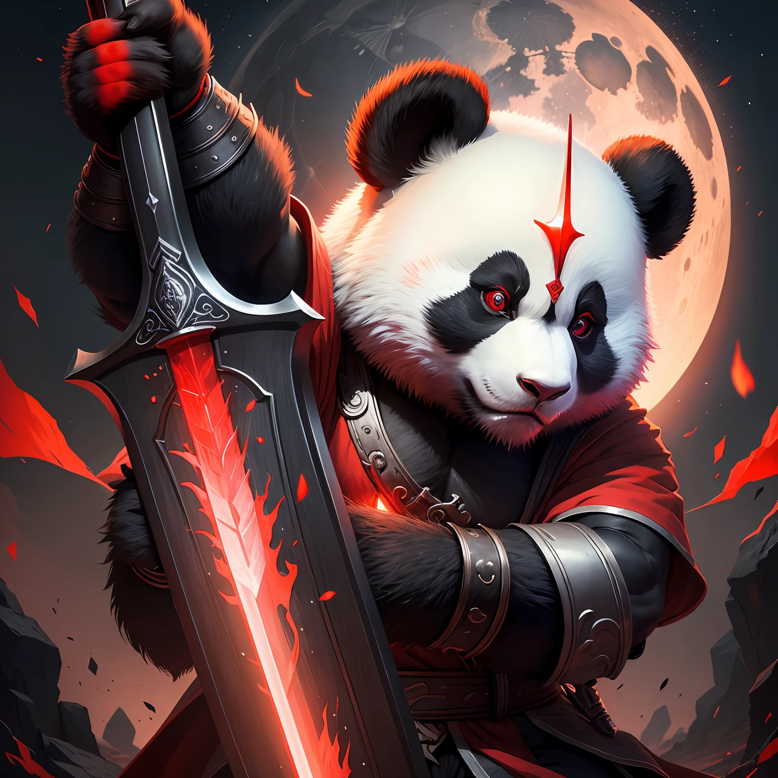 Panda Man，warriors（bellow，Eye details red glow：1.1），Hold a large sword in both hands（The blade is blood-red，Detail light：1.1），The black moon hangs in the sky --auto