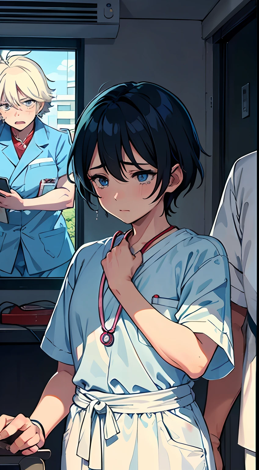 Anime style,Boys and grandma,In the hospital, my grandmother fell ill and died,The boy burst into tears,Heartbroken,Medical staff do rescue measures,hospitals,nurses,the doctor,senior citizen --auto