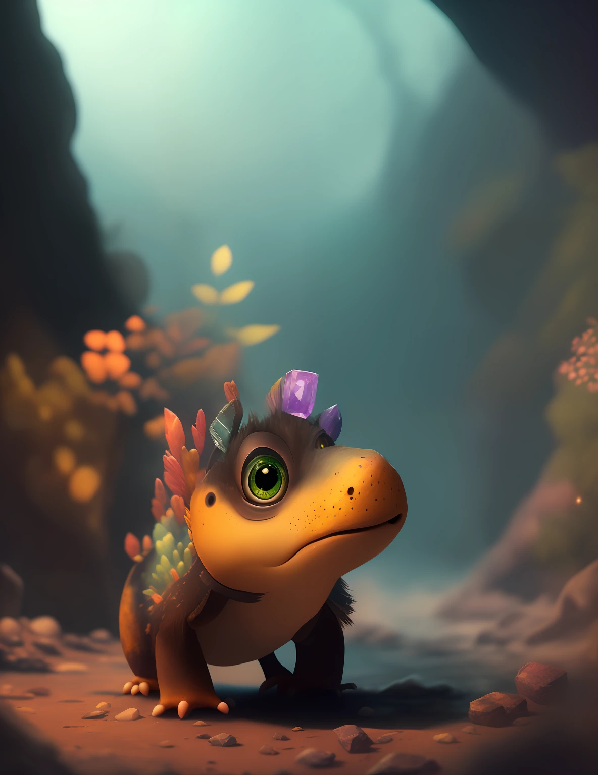 Movie portrait of lovely Dizuki exploring a dark and mysterious cave,Full of colorful crystal beauty, Cute , 2K, Detailed , Digital art, Uptrend, Disney , by Pixar