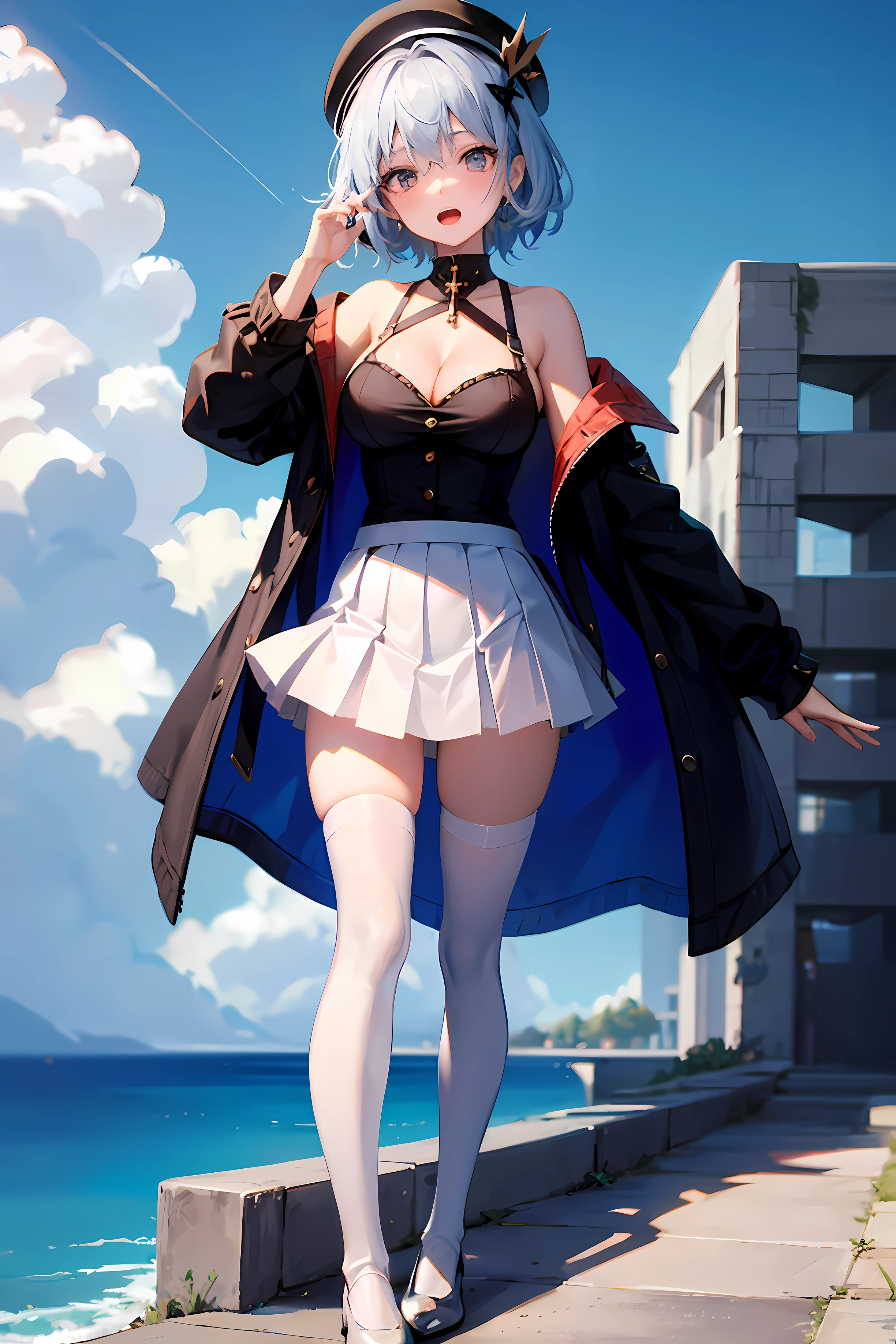 Dim 4:1>, Best quality, Ultra-detailed,,1girll, Solo, nikkeanis, aniswear, Cross-eyed, short_Hair, Open_Mouth, Large_Breasts,_decorations, upper legs, Hat, cleavage, , Jacket, Short skirt mini skirt white stockings blue pleated shirt+white skirt