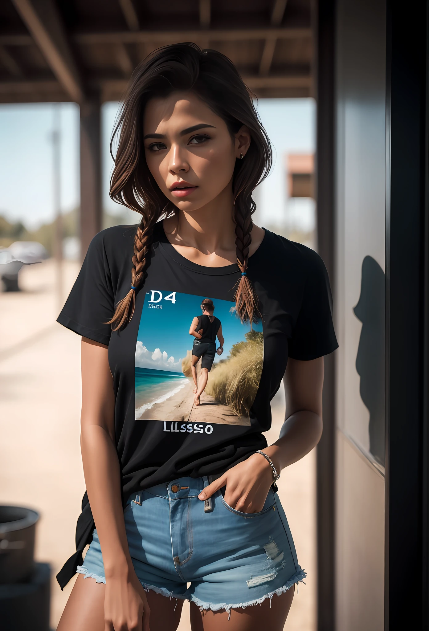 ((linda mulher de pele clara)), (cabelo (((liso))) stuck in the braid), ((magro, pequeno)), em traje basico ((Camiseta (Camiseta) camiseta inteira justa)) (shorts apertado) (coxas a mostra) fotografiarrealista, fotografia, obra-prima, realista, Realismo, renderizado, Alto contraste, digital art photographyrealistic trend in Artstation 8k HD high definition detailed realistic, detalhado, textura da pele, hiper detalhado, Textura realista da pele, armadura, melhor qualidade, ultra high-resolution, (fotografiarrealista: 1.4), alta resolução, detalhado, fotografia crua, sharp re, by Lee Jeffries Nikon D850 Film Stock Photography 4 Kodak Portra 400 Camera Lens F1.6 rich colors realistic texture hyper realistic dramatic lighting unrealengine trending on artstation cinestill 800, .....RAW