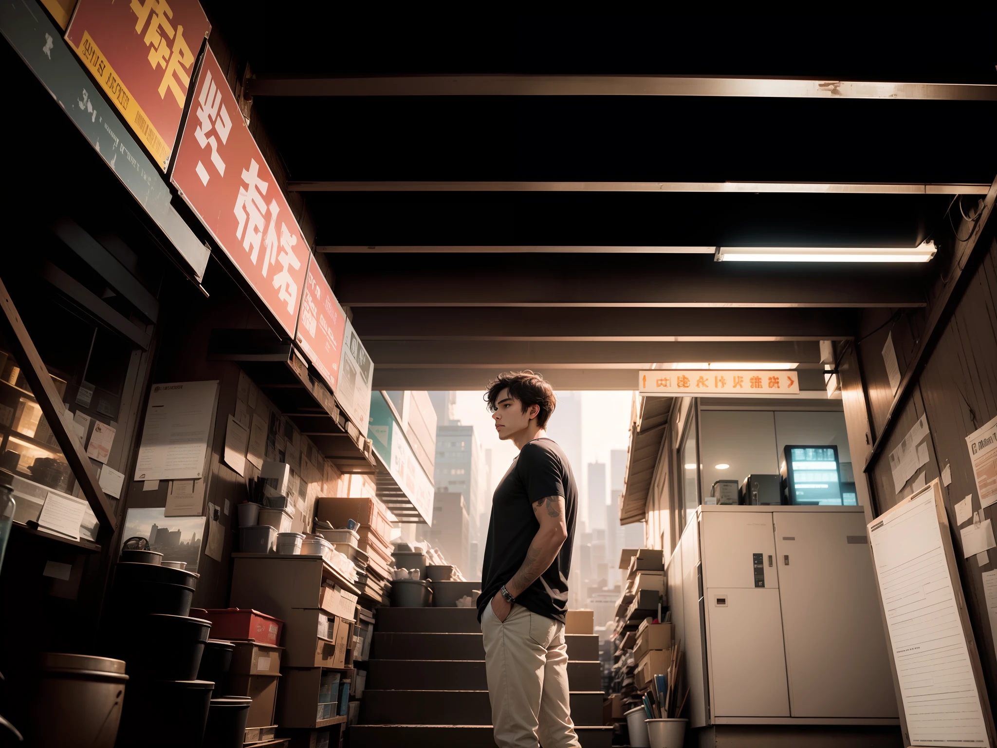 1man,masterpiece,best quality, ultra high res, dusk,cityscape,depth of field, short black messy hair, solo male