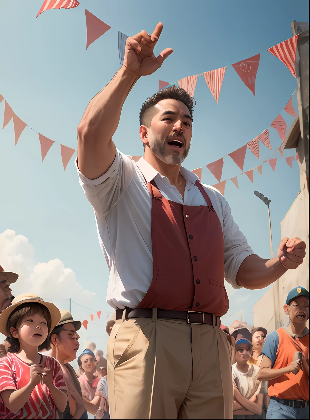 A man wearing suspenders with a mid-haircut playing basketball