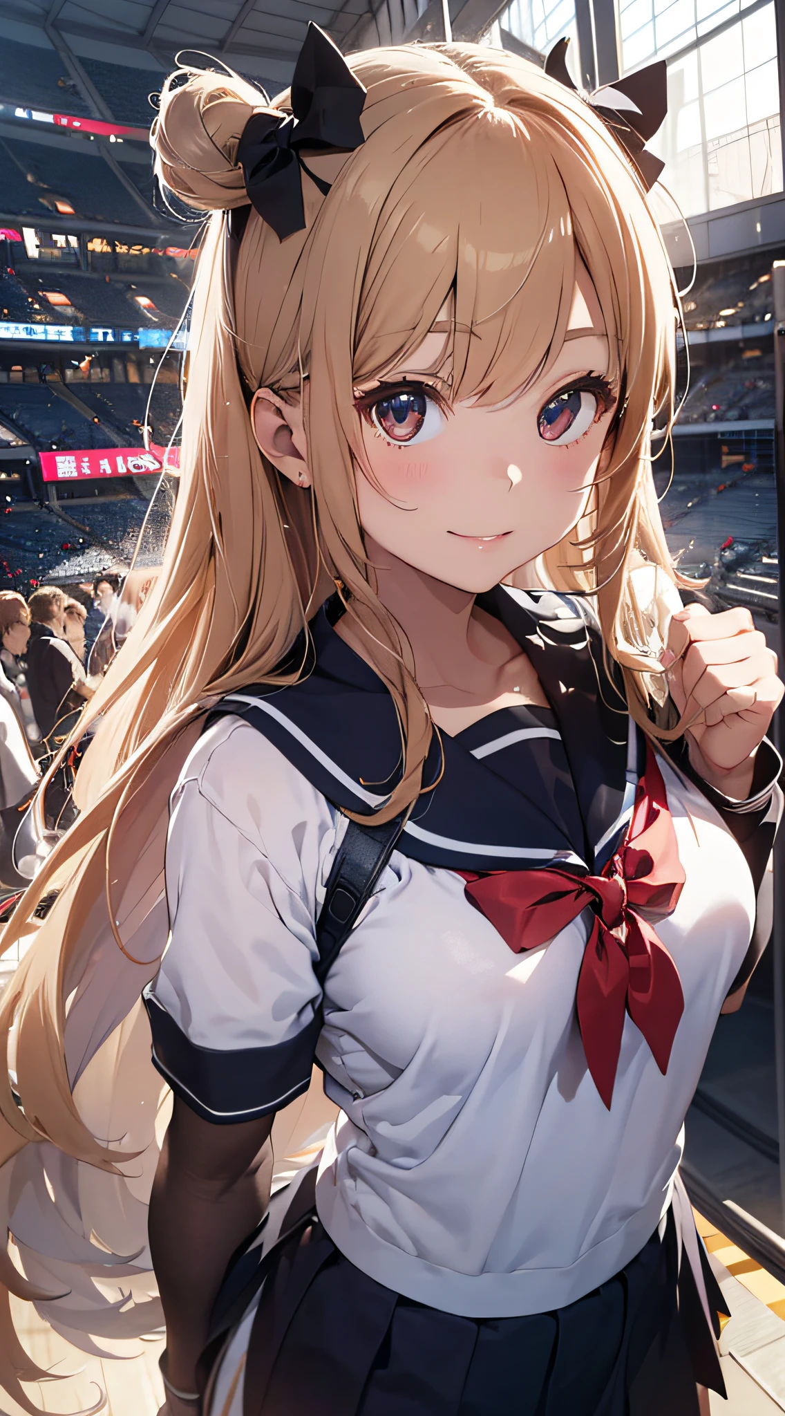 Ala Fed Asian cheerleader posing dynamically with large pom-poms in both hands in stadium、write、a closeup、cosplay foto、Anime Cosplay、tiny chest、Raw photography, top-quality, hight resolution, (​masterpiece), (Photorealsitic:1.4), professional photograpy, foco nítido, nffsw, 8K分辨率, intricate detailes, depth of fields, the Extremely Detailed CG Unity 8K Wallpapers, front lit, girl with, beautiful supermodel, A smile、A slender、Mary Rose、Twin tail hair、Dense depiction、a sailor suit