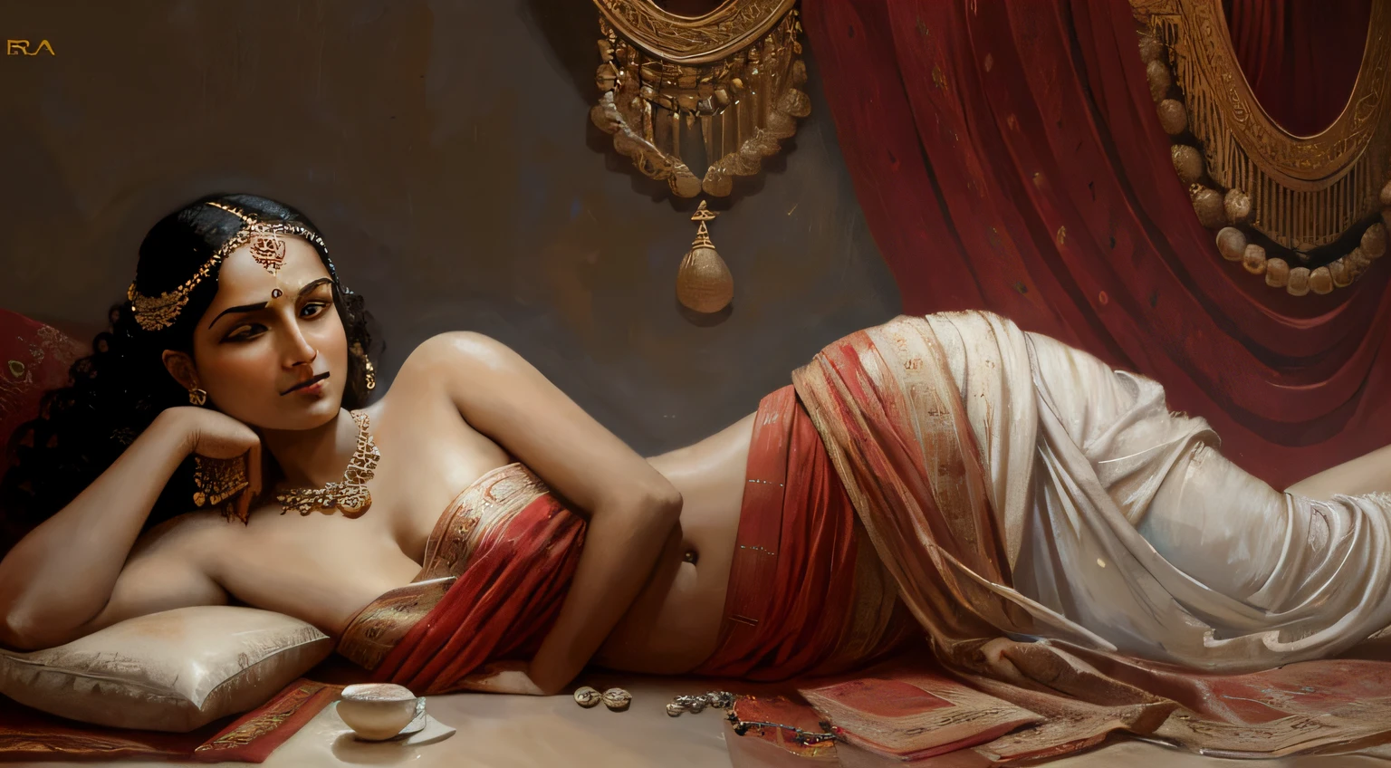 Reclining Nair Lady by artist Raja Ravi Varma, Realistic, 8K, ultra-detailed, Unreal Engine, midjourney art style
 impressionism, abstract, (oil painting  ,  dry brushstrokes), negative space,