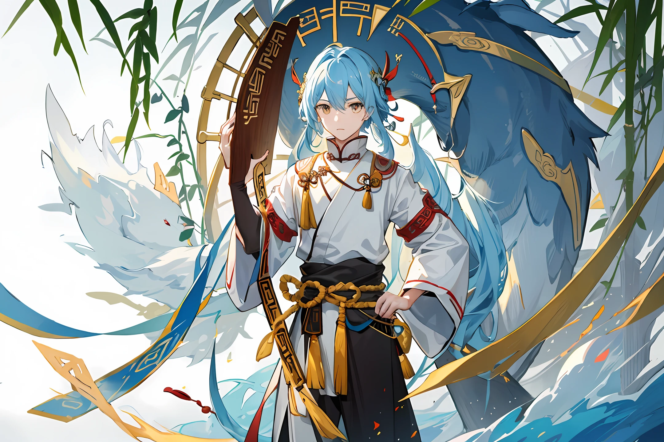 A boy, Ancient Chinese clothing, full bodyesbian, rays of sunshine, Clear face, Clean bamboo forest background, tmasterpiece, super detailing, Epic composition, hyper HD, high qulity, extremely detaile, offcial art, Uniform 8k wallpaper, super detailing, 32k,Play the guzheng,quadratic element,China-style,small stream