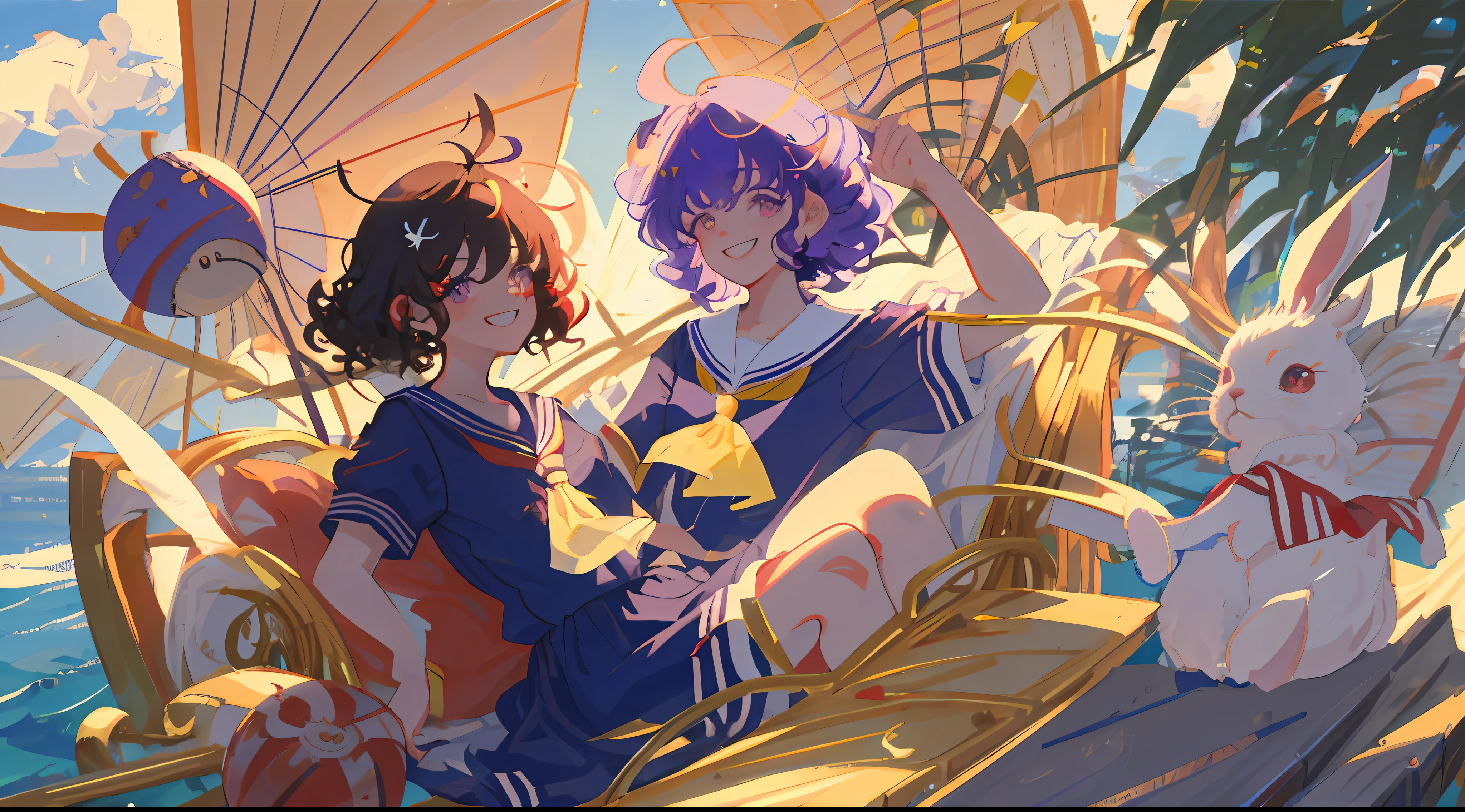 pelo rojo corto，Curls，Libido boy，a sailor suit，There are ornaments of a small rabbit on the head，The left eye is purple，The right eye is golden，light and shadow effect，Water mist，eye detailed，detail in face，cheerful grin，Laughing and playing，summer day，Clarity，Light and shadow portray details