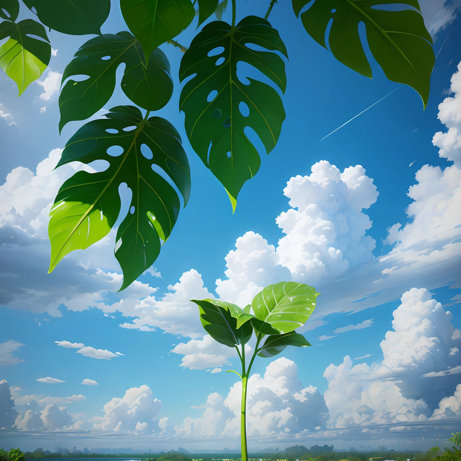 Blue sky and white clouds with bokeh background，ultra-realistic realism，Water droplets on large green leaves reflect the blue sky and white clouds，sense of science and technology，Water droplets are permeable，Futuristic，Realistic painting style，high detal，Hydrogen