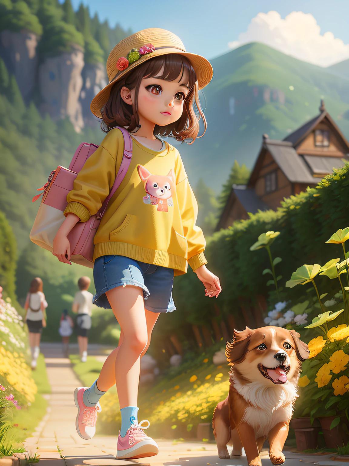 There was a girl walking down the path with a dog, lovely digital painting, Guviz-style artwork, Cute detailed digital art, adorable digital art, childrens art in artstation, by Yang J, lovely art style, cute detailed artwork, Realistic cute girl painting, By Li Song, Realistic anime 3 D style, By Leng Mei, Guviz