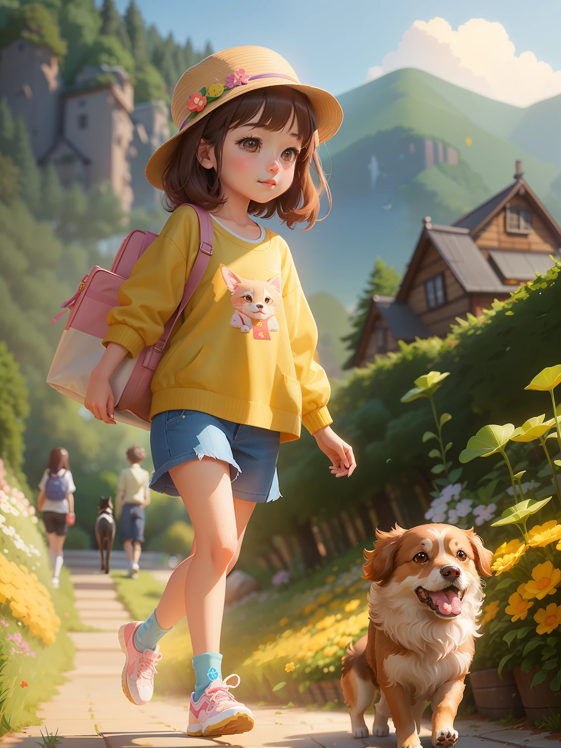 There was a girl walking down the path with a dog, lovely digital painting, Guviz-style artwork, Cute detailed digital art, adorable digital art, childrens art in artstation, by Yang J, lovely art style, cute detailed artwork, Realistic cute girl painting, By Li Song, Realistic anime 3 D style, By Leng Mei, Guviz