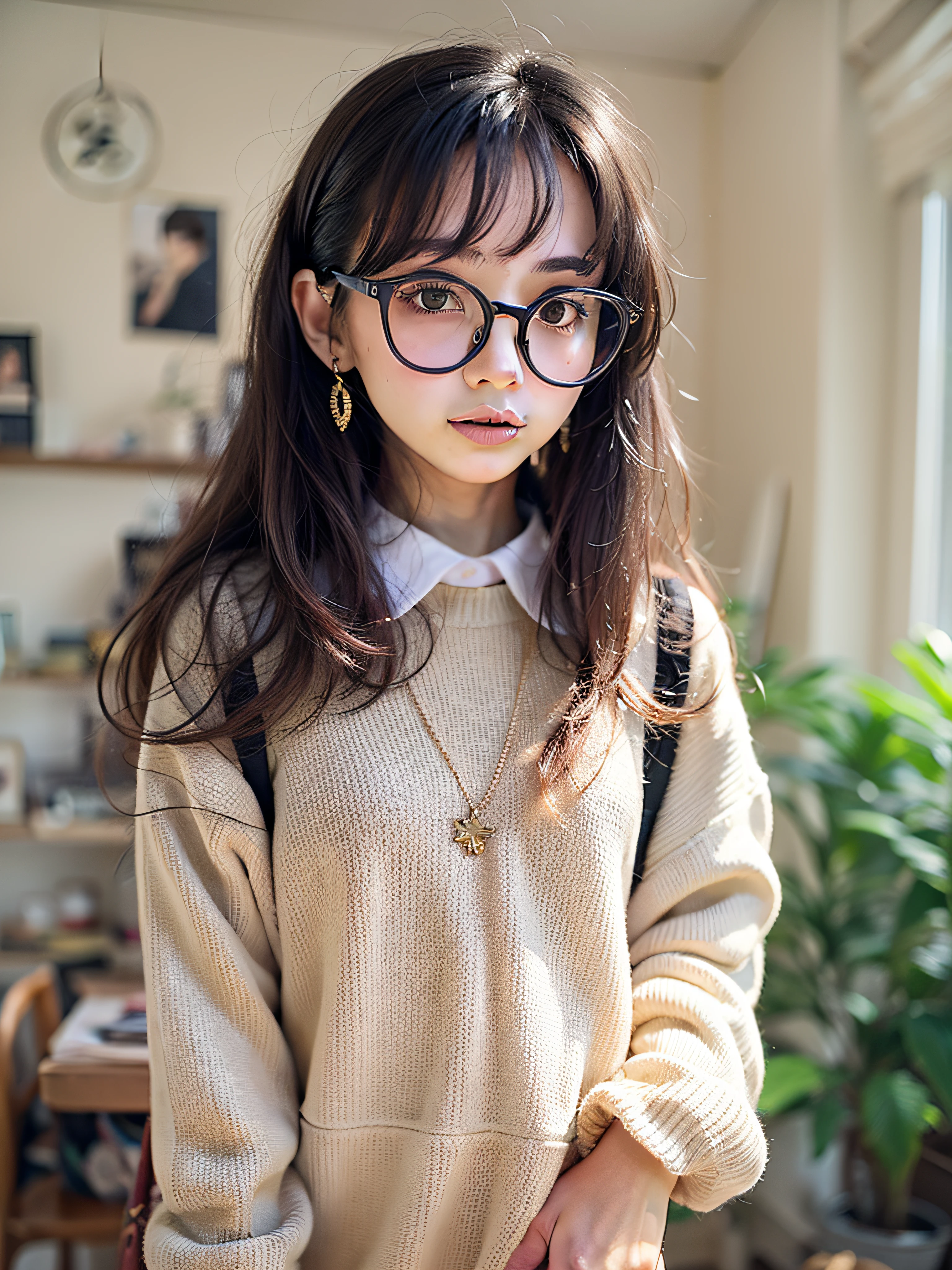 Real Human，sweet，slim，solo person，Full body photo of the front，校服，teens girl，wears glasses，Need，tmasterpiece