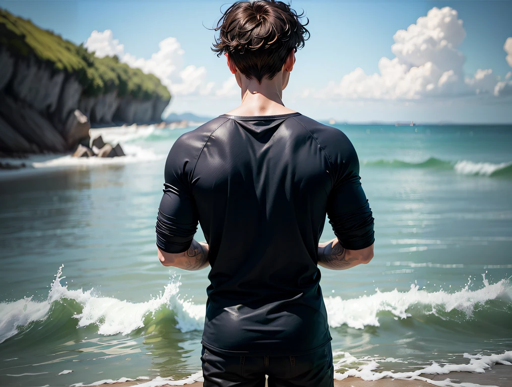 There was a man standing on the beach looking at the sea, with his back turned, wearing leather swim suite, wearing tight shirt, his back is turned, From the back, wearing dark maritime clothing, from back, posterior view, Back shot, Backshot, back stance, back - shot, Back - View, the sea and storms behind him