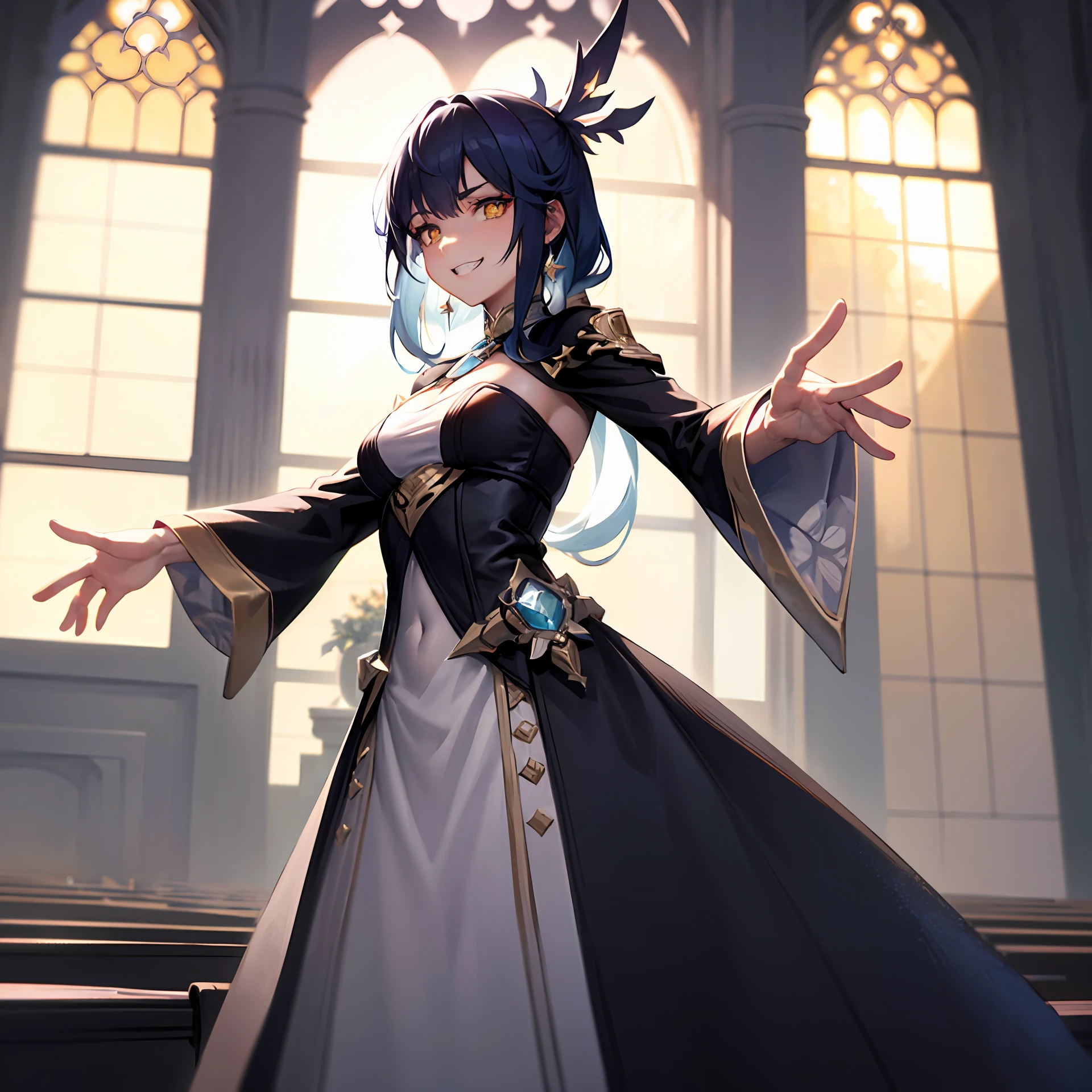 face focus, masterpiece,highly detailed CG unity 8k wallpaper Super cute girl (aesthetic anime crystal clear light yellow eyes) and (full pupil of eyes) with full oval iris (in_heat),lumine\(genshin impact\), she loveliness standing and look at viewer,(evil grin), front view,loooking at viewer,face focus,best quality,Illustration,elaborately designed clothes,super detailed skin,dynamic lighting,in great church,