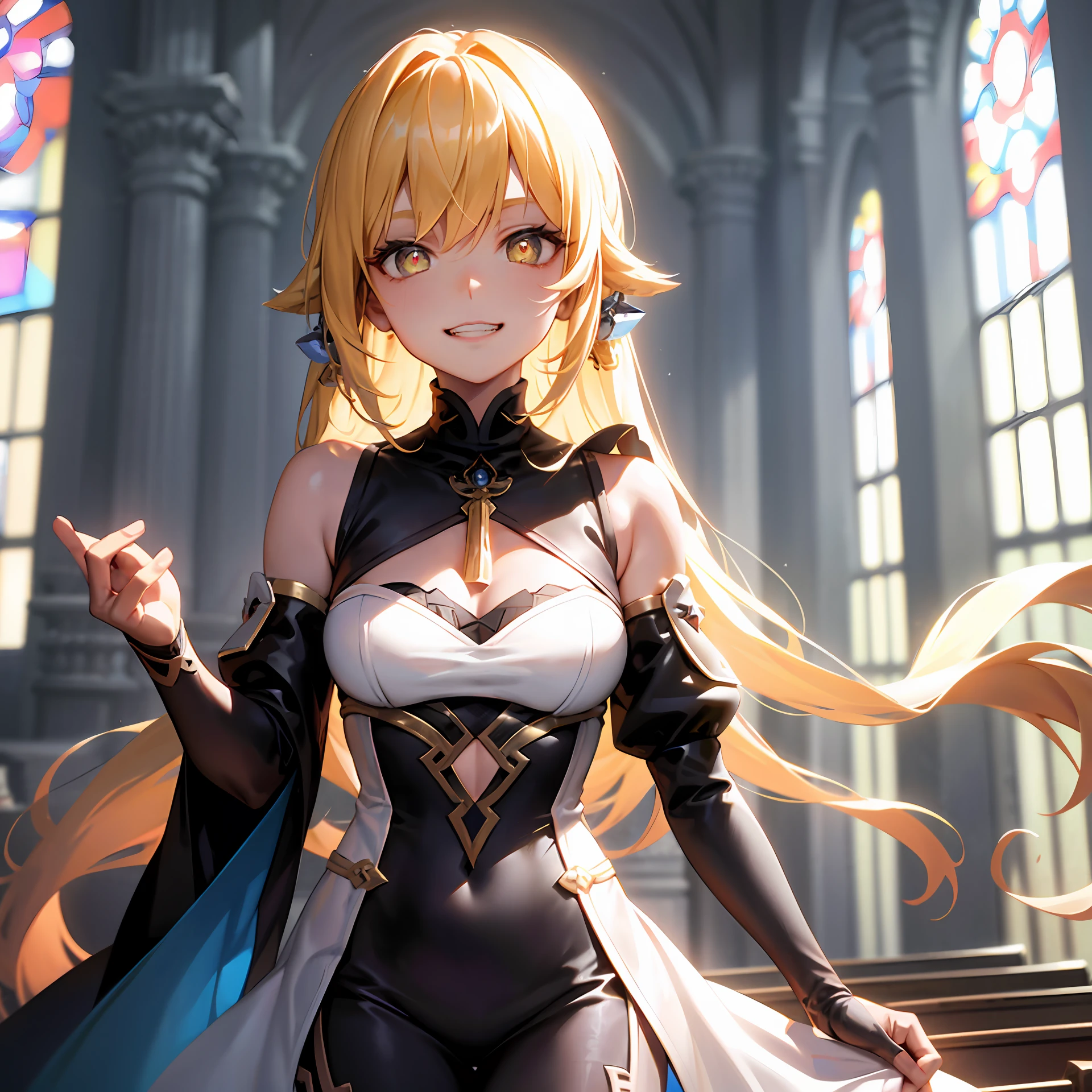 face focus, masterpiece,highly detailed CG unity 8k wallpaper Super cute girl (aesthetic anime crystal clear light yellow eyes) and (full pupil of eyes) with full oval iris (in_heat),lumine\(genshin impact\), she loveliness standing and look at viewer,(evil grin), front view,loooking at viewer,face focus,best quality,Illustration,elaborately designed clothes,super detailed skin,dynamic lighting,in great church,
