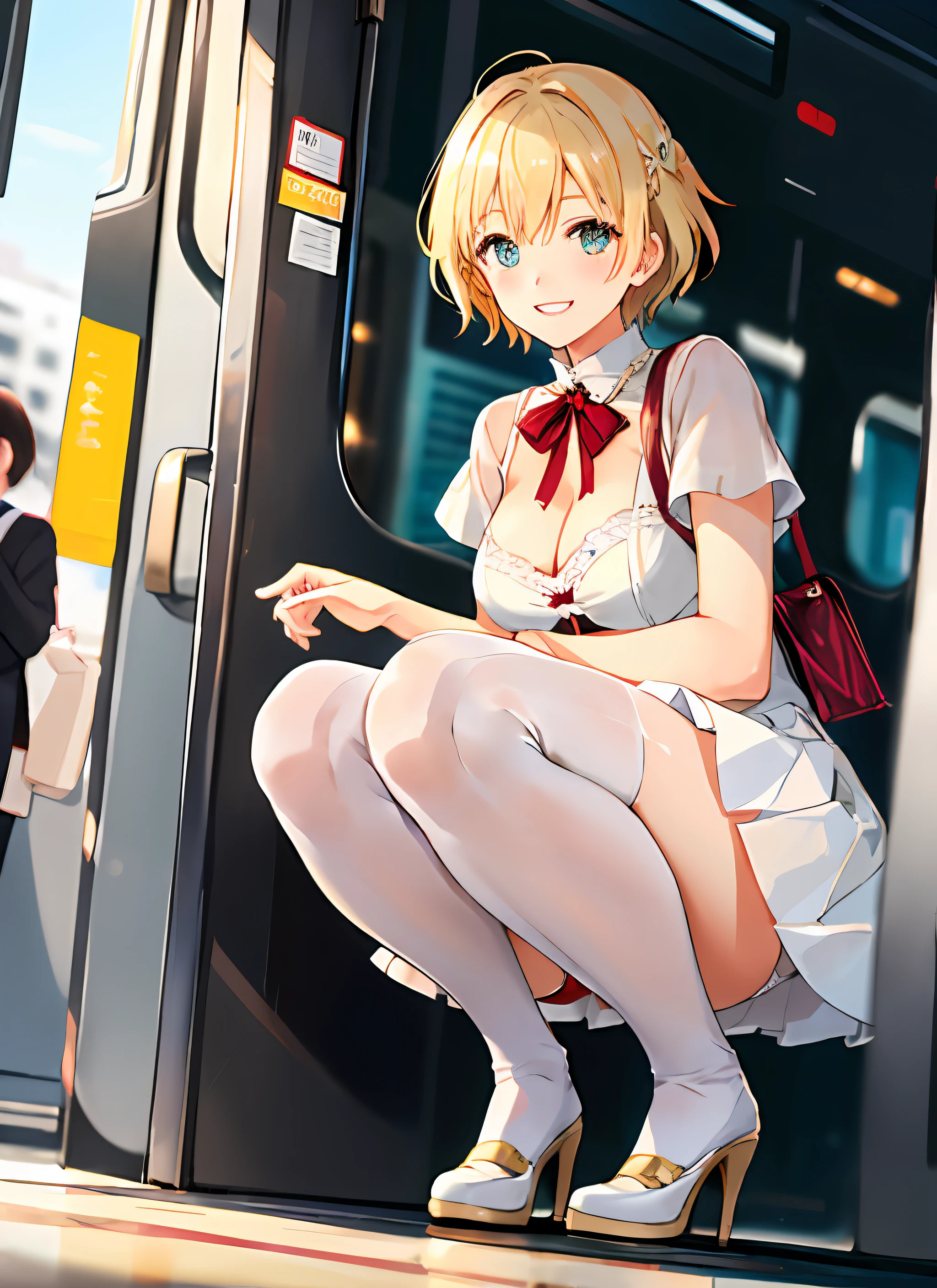 Quiet metro，Bokeh，A high resolution，extremely detaile，Short blonde hair，Playful smile，largeeyes，White，Superb beauty，half squatting，Superskirt，Cream white stockings，transparent panty，Plump and beautiful breasts，Sunny cheerful laughter，Facing me，seminude，Exposed crotch showing through