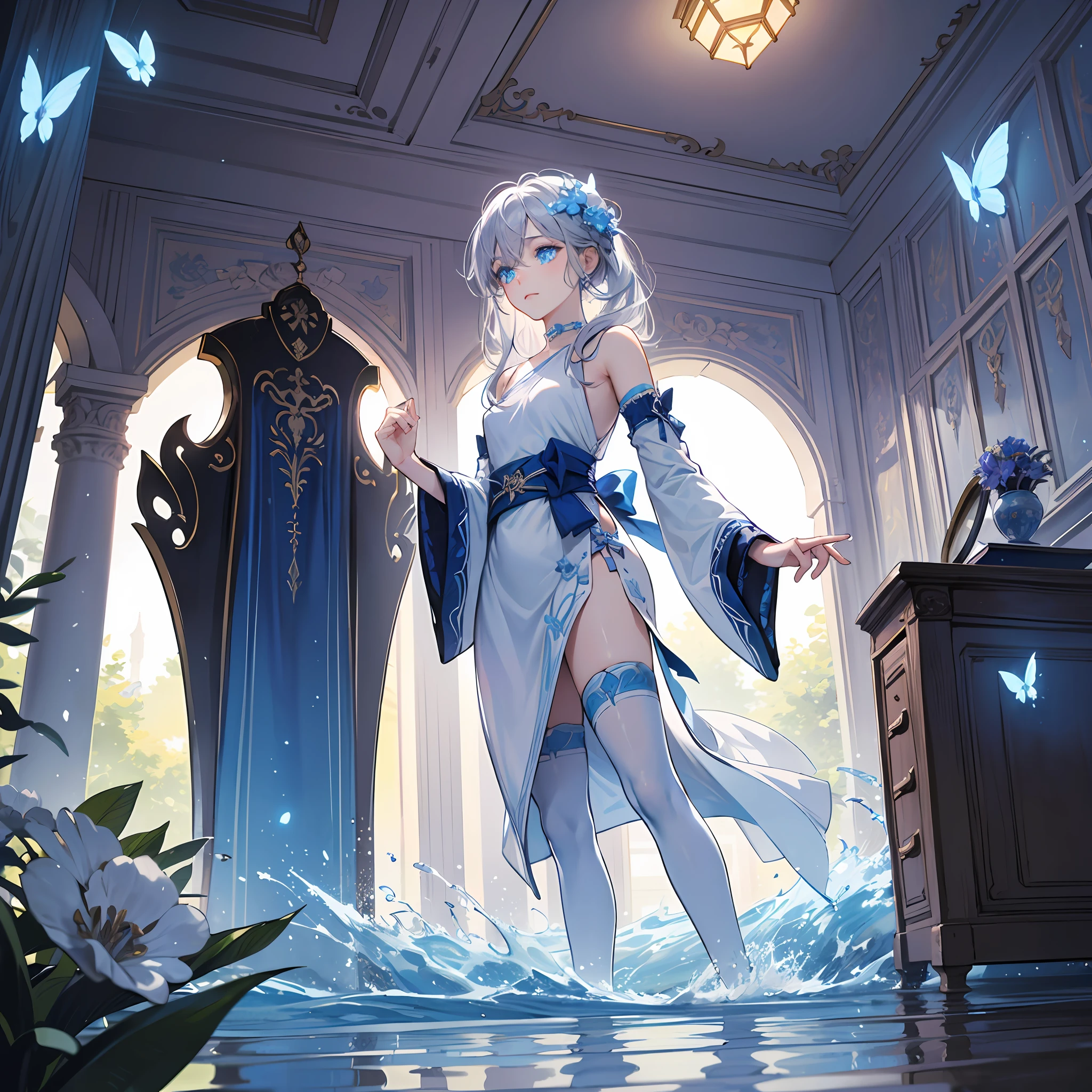 (down view),Dynamic Angle,Ultra-detailed, illustration, Close-up, straight on, 1girll, (fantasy:1.4), (azureblueeyes:1.233),Her eyes shone like dreamy stars,(Glowing eyes:1.233),(Beautiful and detailed eyes:1.1),(Silver hair:1.14),(Messy hair,Very long hair,french braid,hair between eye,side locks), (+(bule hair flower:1.14)),(Chiffon dress,bule flower pattern in uniform)/=(army suit:1.24),(Detached sleeves,Wide sleeves),(Fingerless gloves),choker necklace,(miko thighhighs),high heels boots,(Expressionless,Closed mouth),(standing), (Classical princess boudoir with dressing table and floor-to-ceiling windows in a white ancient palace),(White flowers,full bloom),(abyssal),(Flowing water),(a dull blue world tree:1.14),(废墟),(Night:1.2),Dreamy,soul,(Fluorescence),(flying translucent blue butterflies:1.15), [[Delicate fingers and hands:0.55]::0.85],(Detail fingers),(yubao:0.5), --auto
