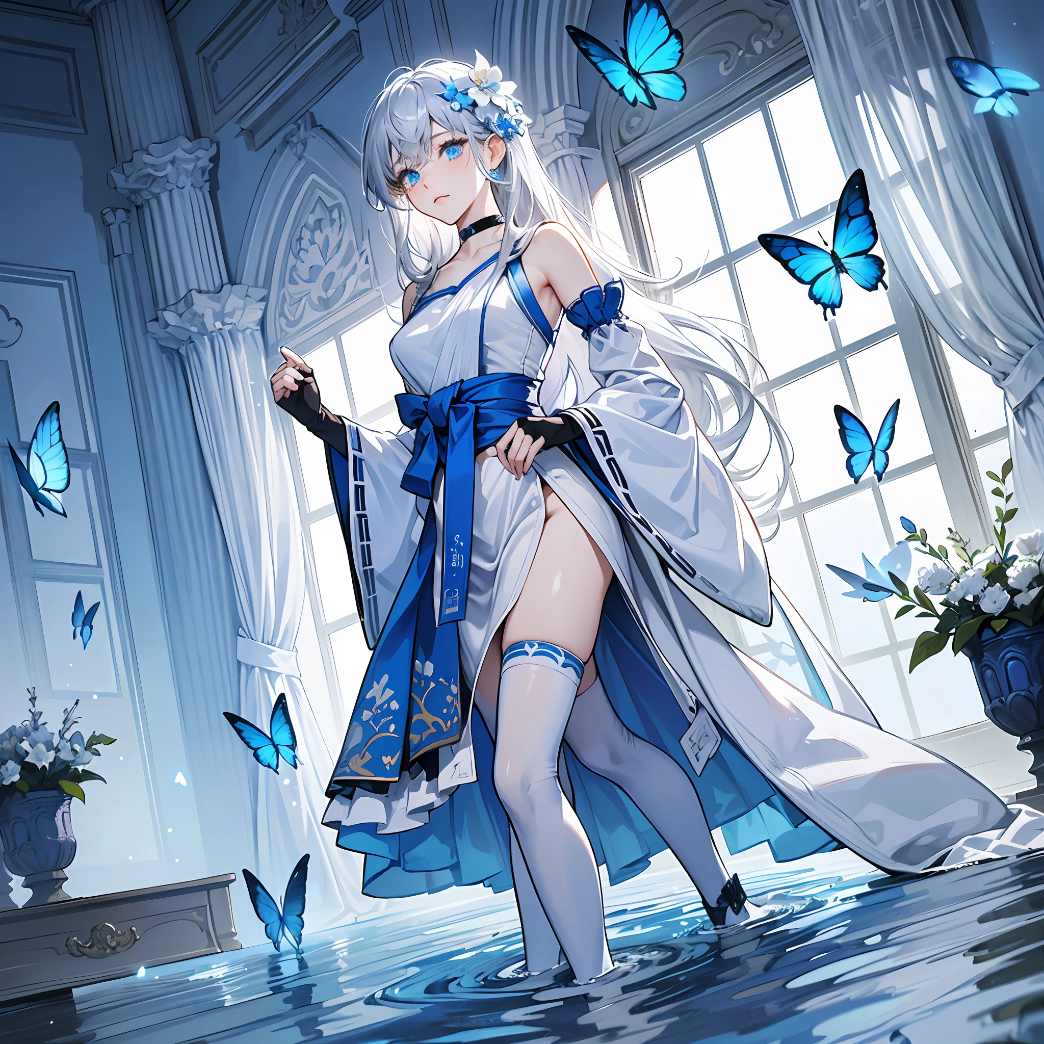 (down view),Dynamic Angle,Ultra-detailed, illustration, Close-up, straight on, 1girll, (fantasy:1.4), (azureblueeyes:1.233),Her eyes shone like dreamy stars,(Glowing eyes:1.233),(Beautiful and detailed eyes:1.1),(Silver hair:1.14),(Messy hair,Very long hair,french braid,hair between eye,side locks), (+(bule hair flower:1.14)),(Chiffon dress,bule flower pattern in uniform)/=(army suit:1.24),(Detached sleeves,Wide sleeves),(Fingerless gloves),choker necklace,(miko thighhighs),high heels boots,(Expressionless,Closed mouth),(standing), (Classical princess boudoir with dressing table and floor-to-ceiling windows in a white ancient palace),(White flowers,full bloom),(abyssal),(Flowing water),(a dull blue world tree:1.14),(废墟),(Night:1.2),Dreamy,soul,(Fluorescence),(flying translucent blue butterflies:1.15), [[Delicate fingers and hands:0.55]::0.85],(Detail fingers),(yubao:0.5), --auto