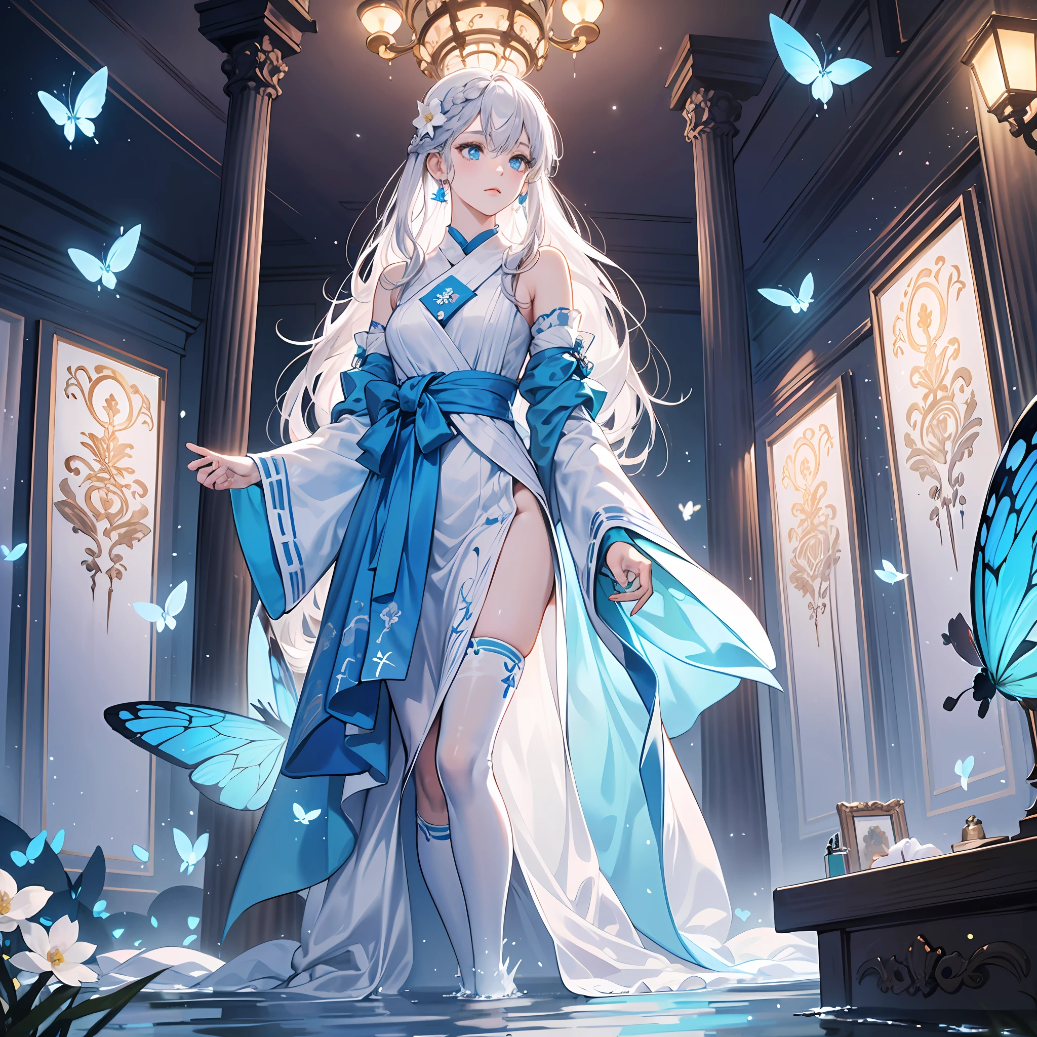(down view),Dynamic Angle,Ultra-detailed, illustration, Close-up, straight on, 1girll, (fantasy:1.4), (azureblueeyes:1.233),Her eyes shone like dreamy stars,(Glowing eyes:1.233),(Beautiful and detailed eyes:1.1),(Silver hair:1.14),(Messy hair,Very long hair,french braid,hair between eye,side locks), (+(bule hair flower:1.14)),(Chiffon dress,bule flower pattern in uniform)/=(army suit:1.24),(Detached sleeves,Wide sleeves),(Fingerless gloves),choker necklace,(miko thighhighs),high heels boots,(Expressionless,Closed mouth),(standing), (Classical princess boudoir with dressing table and floor-to-ceiling windows in a white ancient palace),(White flowers,full bloom),(abyssal),(Flowing water),(a dull blue world tree:1.14),(废墟),(Night:1.2),Dreamy,soul,(Fluorescence),(flying translucent blue butterflies:1.15), [[Delicate fingers and hands:0.55]::0.85],(Detail fingers),(yubao:0.5), --auto