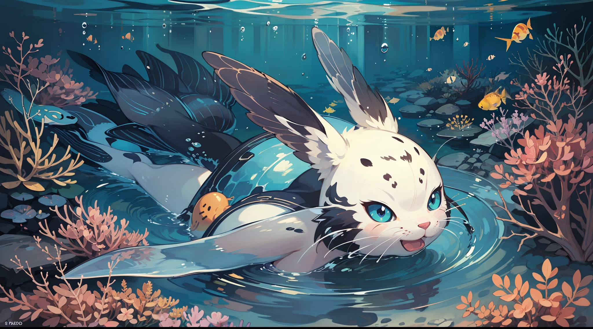(extremely cute and delicate CG illustration, ultra-detailed and ultra-high quality), best illumination, best shadow, an extremely cute and adorable (((clade Gymnosomata))), swimming deep in the ocean