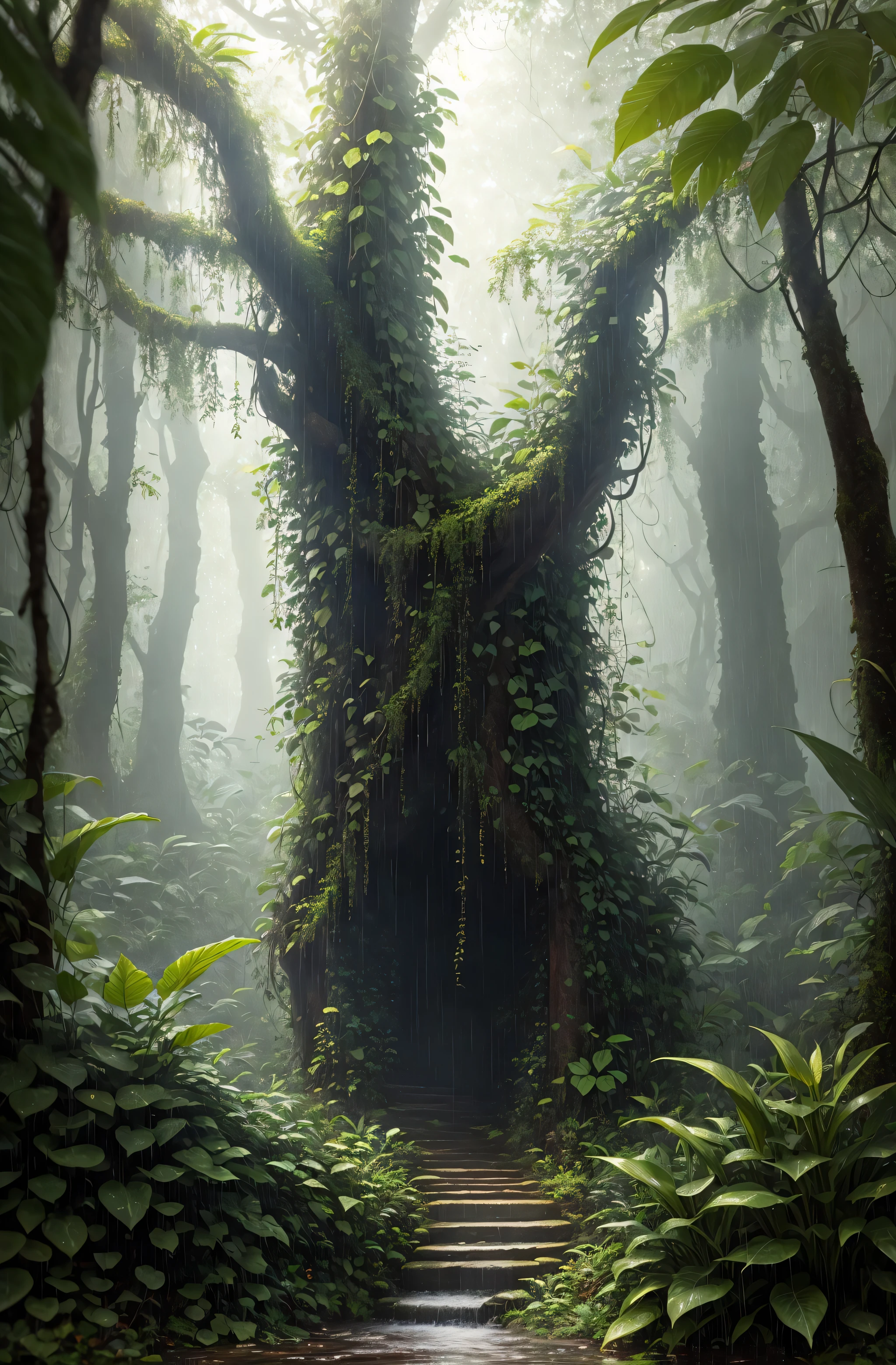 A jungle, with intense rainfall, monochromatic, vines all around, giant and wet trees, masterpiece, best quality, high quality, extremely detailed CG unity 8k wallpaper, oil paiting, award winning photography, Bokeh, Depth of Field, HDR, bloom, Chromatic Aberration ,Photorealistic,extremely detailed, trending on artstation, trending on CGsociety, Intricate, High Detail, dramatic, art by midjourney, volumetric lighting