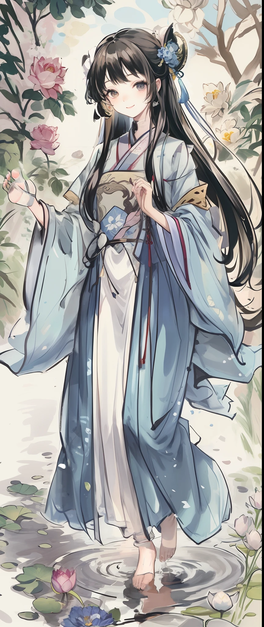 ((4K,Masterpiece,Best quality)), shuimobysim, Traditional Chinese painting, lotuses, Hanfu, maxikit, Dress conservatively 1girl, Solo, Blue long hair, ssmile, standing on your feet, feet in water, The barefoot,Fine