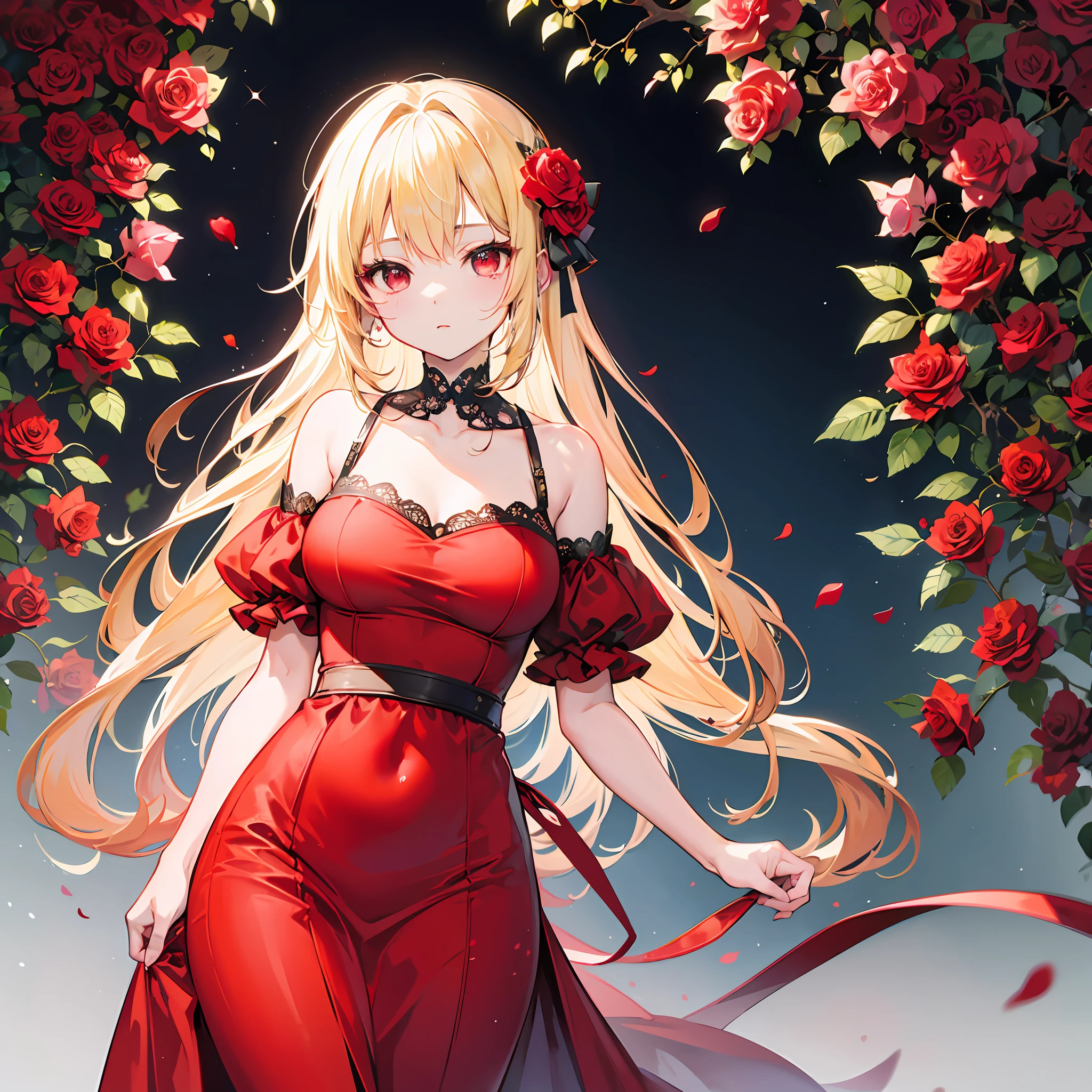 One blonde girl、red eyes、Bright red dress、off shoulders、Red Rose Garden