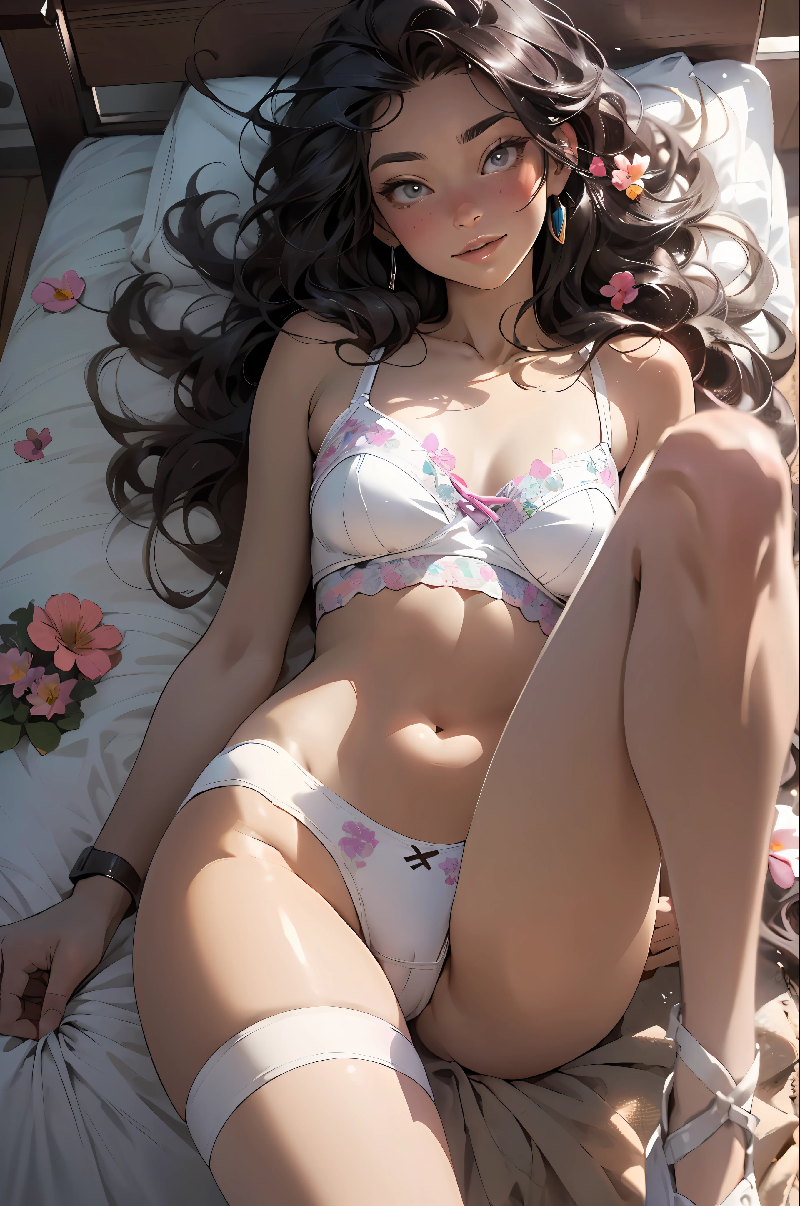 melancholy, quiet, calm, bright, masterpiece, best quality, 1girl, (JinxLol:1.2), (ultra photorealistic:1.3), (masterpiece:1.4), best quality, ((realistic)), high quality, ultra detailed, ((Real image)), ((realistic skin)), ((realistic face)),(illustration:1.05), (beautiful:1.05), (beautiful detailed eyes:1.05), (cinematic light:1.1), Full body, precise proportions, 18-year-old girl, skinny model lying next to the bed, BLACK hair fluttering in the wind, tulle, long legs, feet slightly open, buttocks, blush, shyness, collarbone, abdominals, double weave, beautiful and delicate face, fair skin, real skin, (face detail), pores, super high resolution, 8k, parameters Best quality, masterpiece, super high resolution, (Realistic 2.0), More details, detailed skin, transparent panties, wide smile, white teeth, full voluminous hair, perfect and well-designed eyes, girlfriend, beautiful, beautiful, flowers, studio lighting