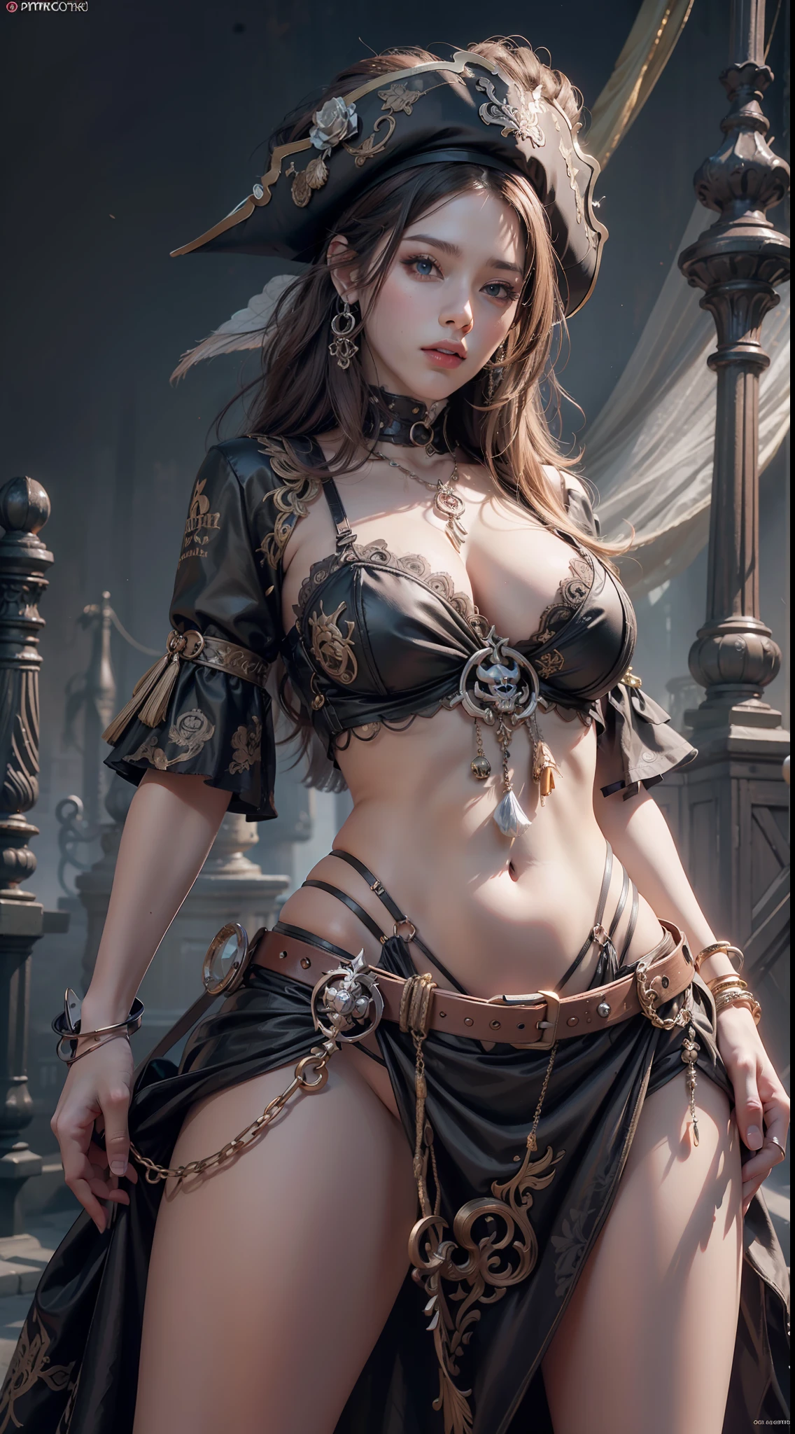 PiratepunkAI, a girl in black dress, round breasts, concept art, epic, hyper-detailed, intricate detailed, medium shot, highres photorealism, High quality CG post production, (masterpiece,best quality, realistic)