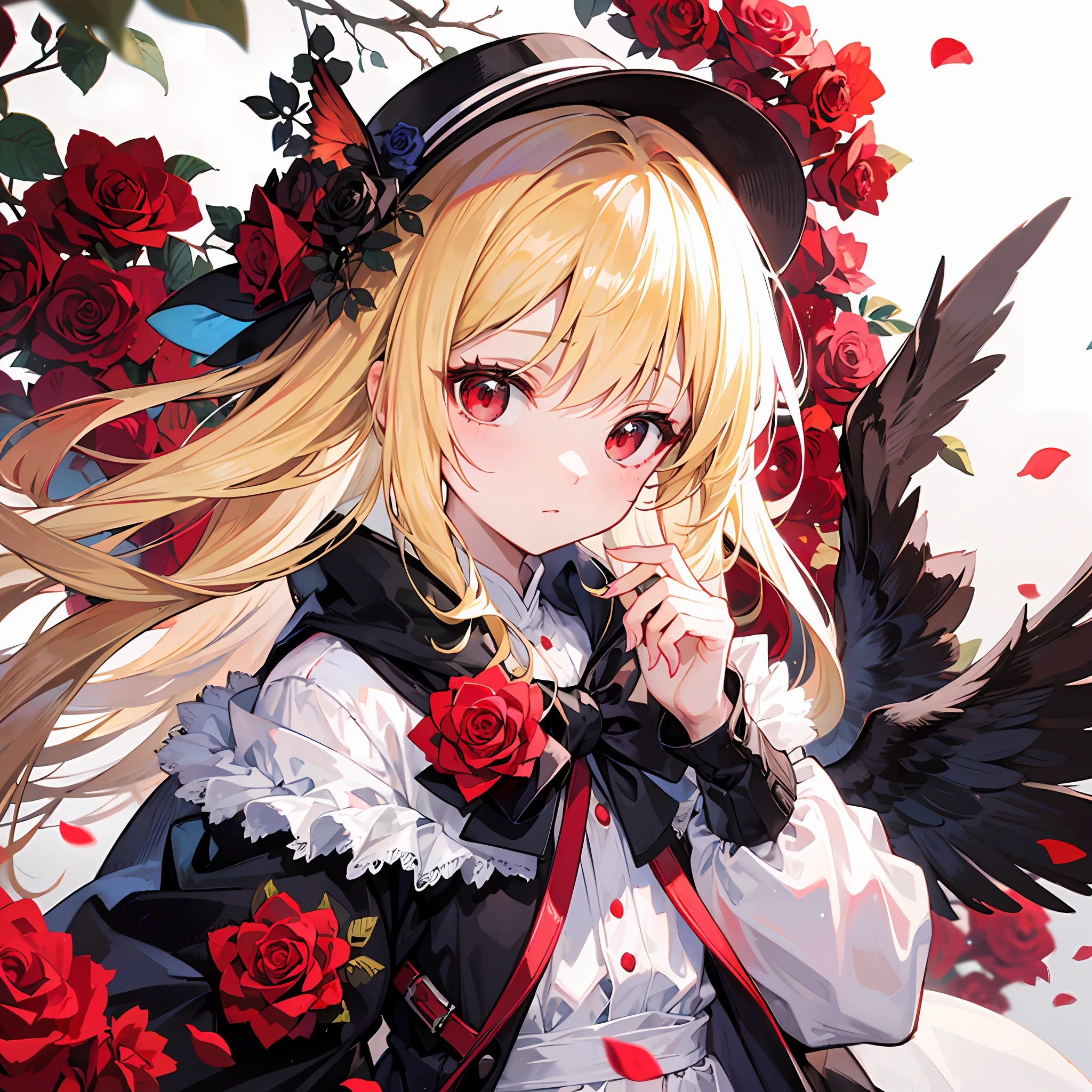 One blonde girl、red eyes、robe blanche、Bright red rose
