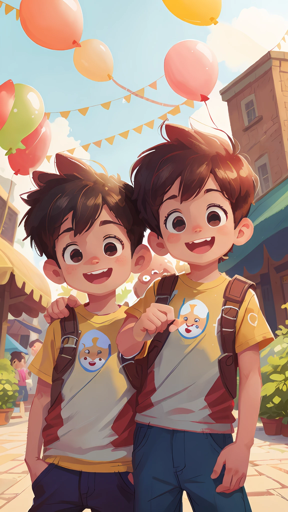 Two boys, amusement park, holding balloons, happy, happy, perfect quality, clear focus (clutter - home: 0.8), (masterpiece: 1.2) (Realistic: 1.2) (Bokeh) (Best quality) (Detailed skin: 1.3) (Intricate details) (8K) (Detail Eyes) (Sharp Focus), (Happy)